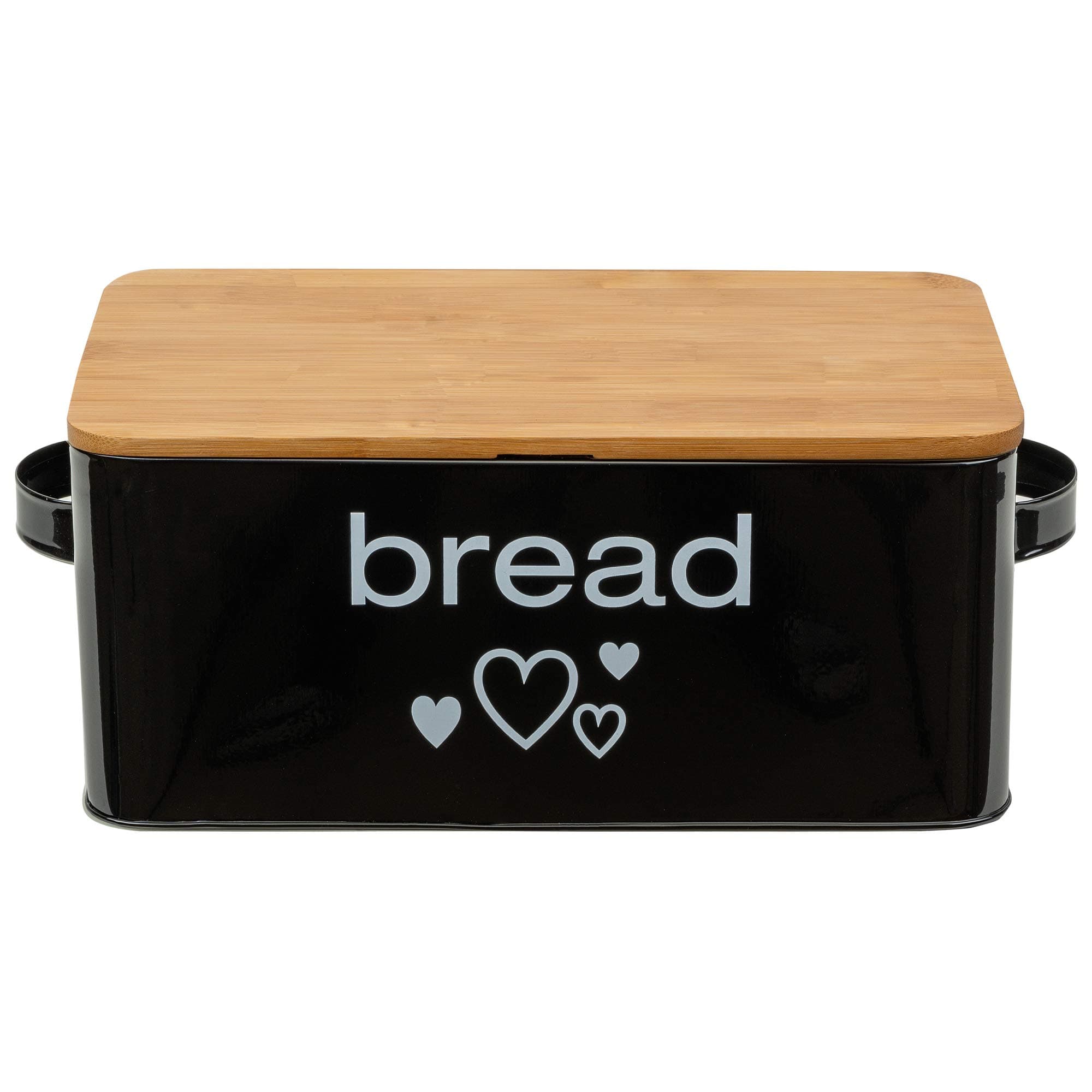 arge bread box made metal with a bamboo lid which serves as a cutting board, 33 cm x 18 cm x 12 cm black