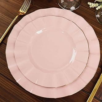 Efavormart 9" Salad Plates – Set of 10 Plastic Blush Round Disposable Plates with Gold Ruffled Rim – Elegant Appetizer & Dessert Plates for Weddings, Parties, Catering, and Formal Events