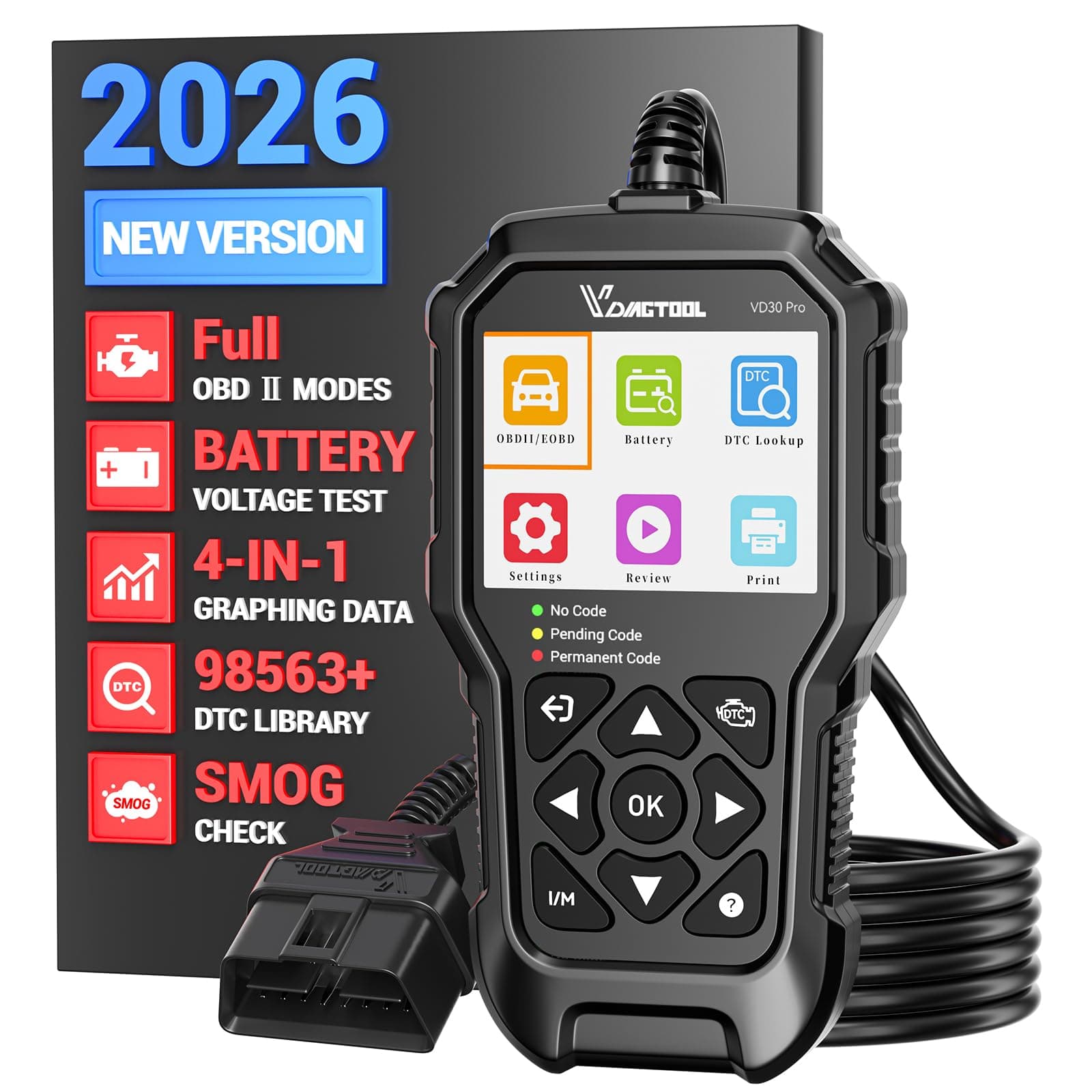 VD30 Pro Car Code Reader, OBD2 Scanner Diagnostic Tool for Cars and Trucks, Check Engine Code Reader, OBD2 Scanner with Reset, escaner automotriz I/M Readiness for All OBDII Vehicles