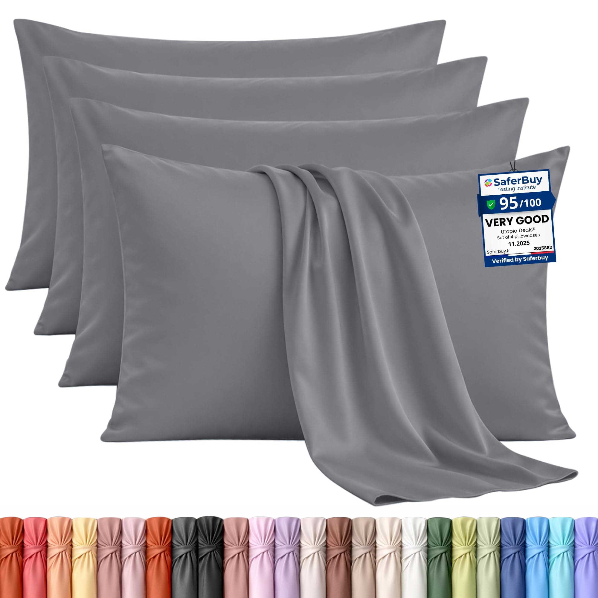 4 Pack Pillow Cases - OEKO-TEX - Standard Size 50x75 cm - 100% Brushed Microfiber Pillowcases with Envelope Closure, pillows not included - Wrinkle, Fade, & Stain Resistant - Grey