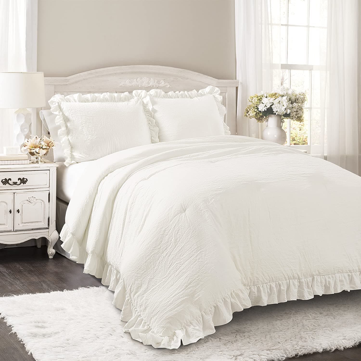Reyna Ruffle Comforter Set - 3 Piece Cozy Ruffled Bedding Set - Timeless Elegance and Comfort for Bedroom - King, White