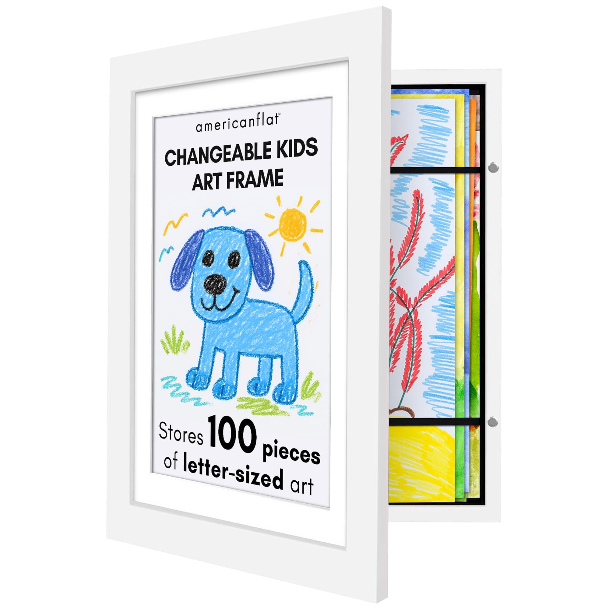 Americanflat 10x12.5 Kids Art Frame - Front Loading Picture Frame - Use as 8.5x11 Frame with Mat or 10x12.5 Frame Without Mat - My Mini Masterpiece - Holds 100 Artworks - White