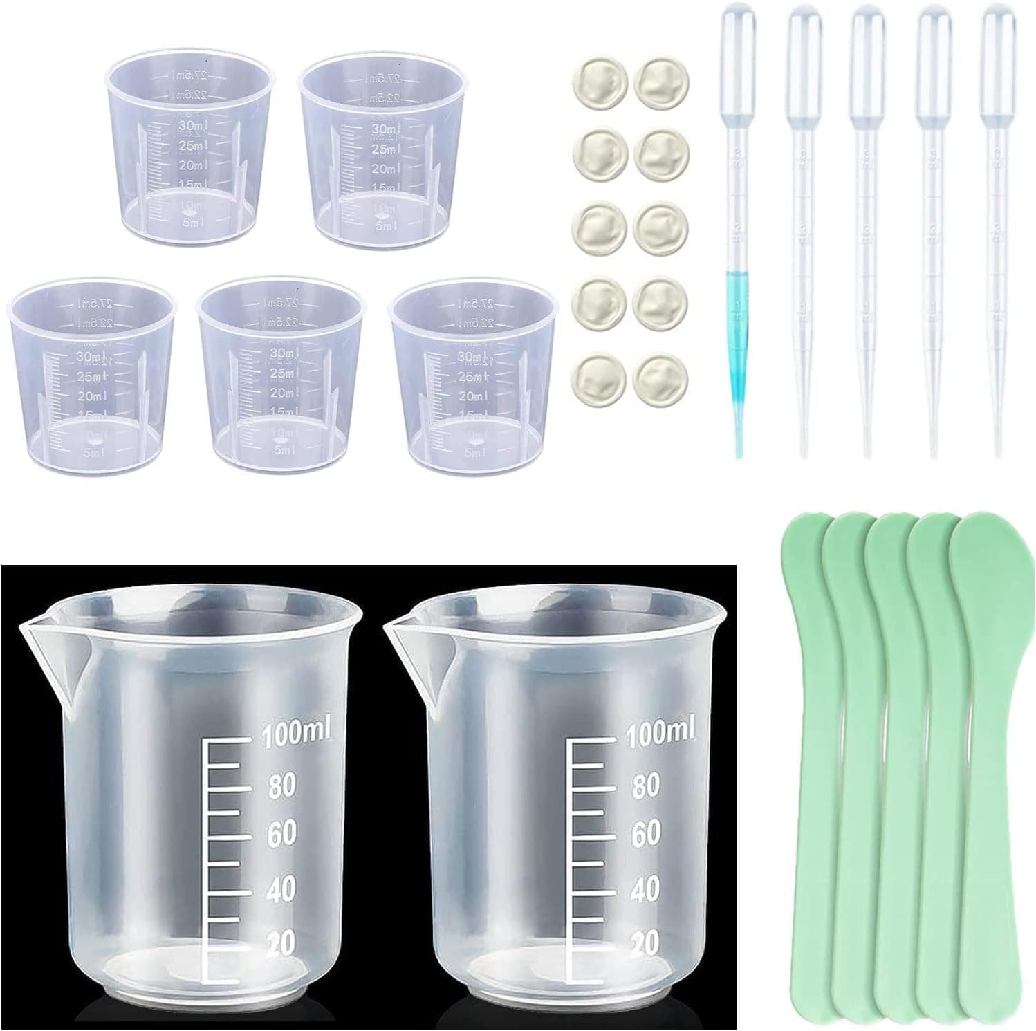 Measuring Cups Kit - 5 Pcs 30ml, 2 Pcs 100ml Plastic Measuring Cups, Paint Resin Mixing Cups, Medicine Graduated Measure Cups with 5 Pcs Mixing Sticks, 10 Pcs Finger Cots and 5 Pc Transfer Pipettes