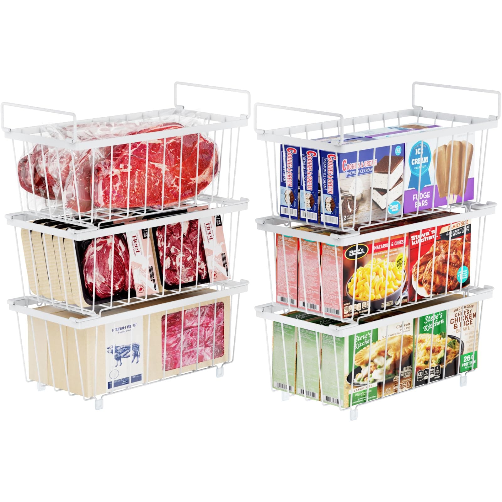 iSPECLE Chest Freezer Organizer Bins - 6 Pack Stackable Deep Freezer Organizer Bins for Most 7 Cu.FT Chest Freezer Sort Frozen Meats, Freezer Storage Bins with Handles Add Space Easy to Reach, White