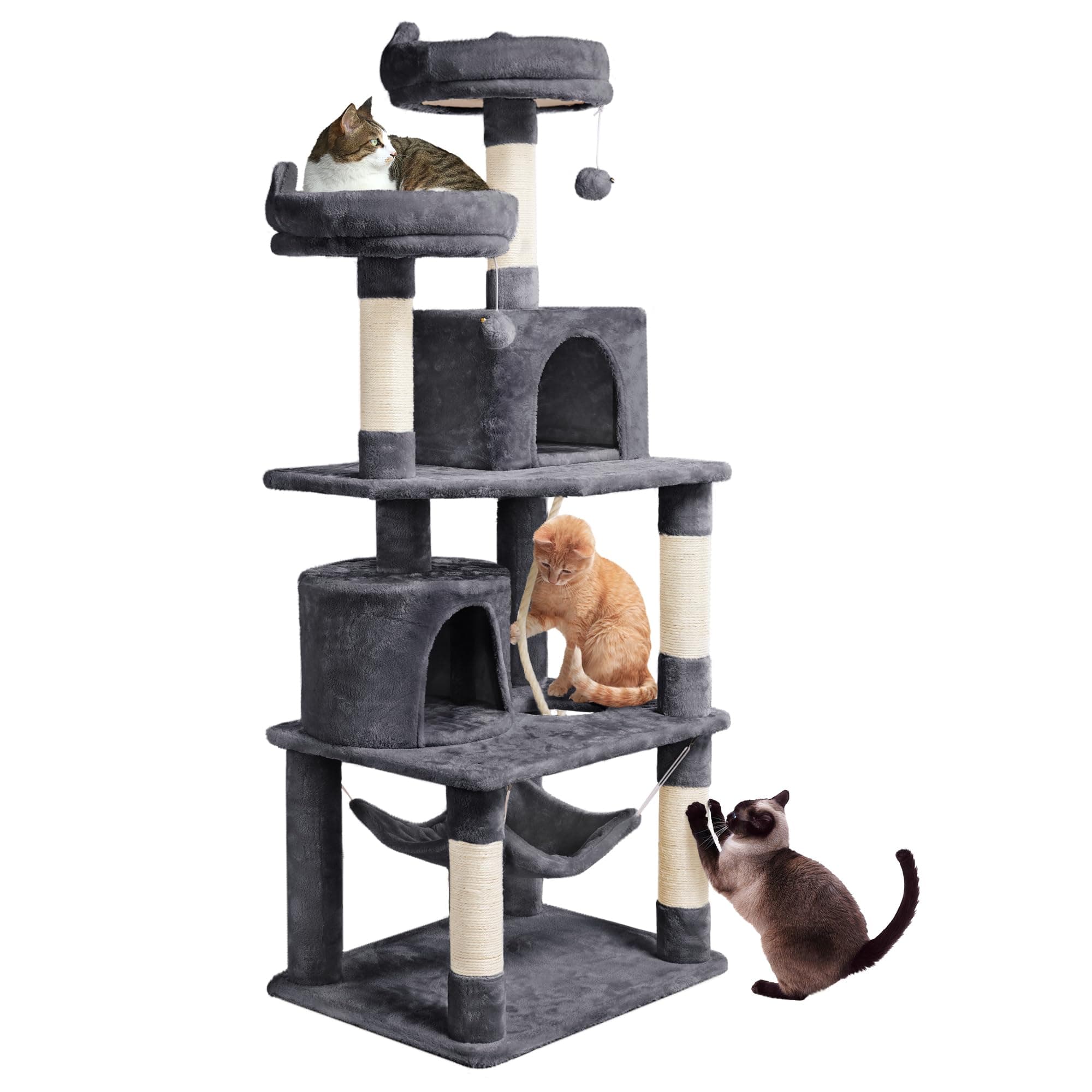 Yaheetech 158cm Multi-level Cat Tree Tower Large Kitten Scratching Posts with Condos/Perches/Hammock Broad-space Kitten Activity Centre, Dark Grey