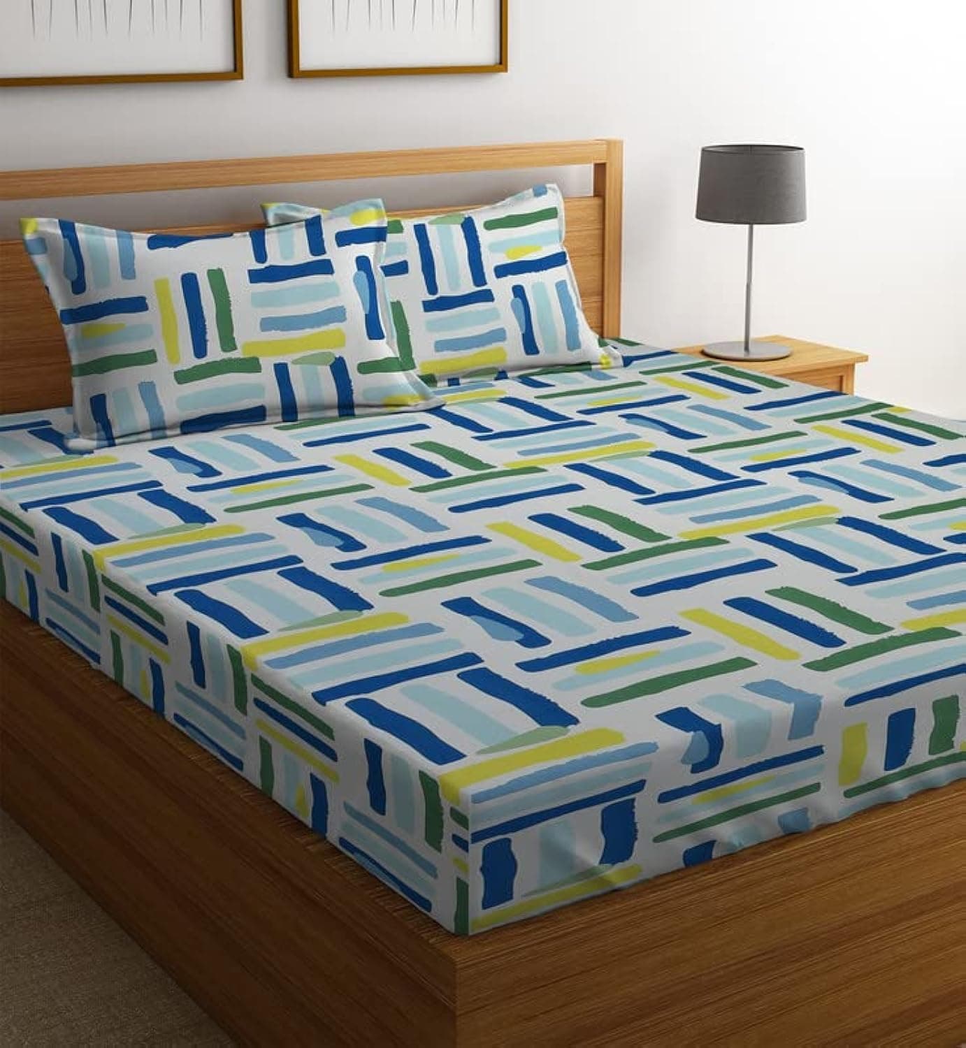 BSB HOME Premium 100% Microfiber Elastic Fitted Bedsheets with 2 Pillow Covers | Double Bed with All Around Elastic 180 TC Supersoft | for 78x72+10 Mattress (Striped, Green & Blue)