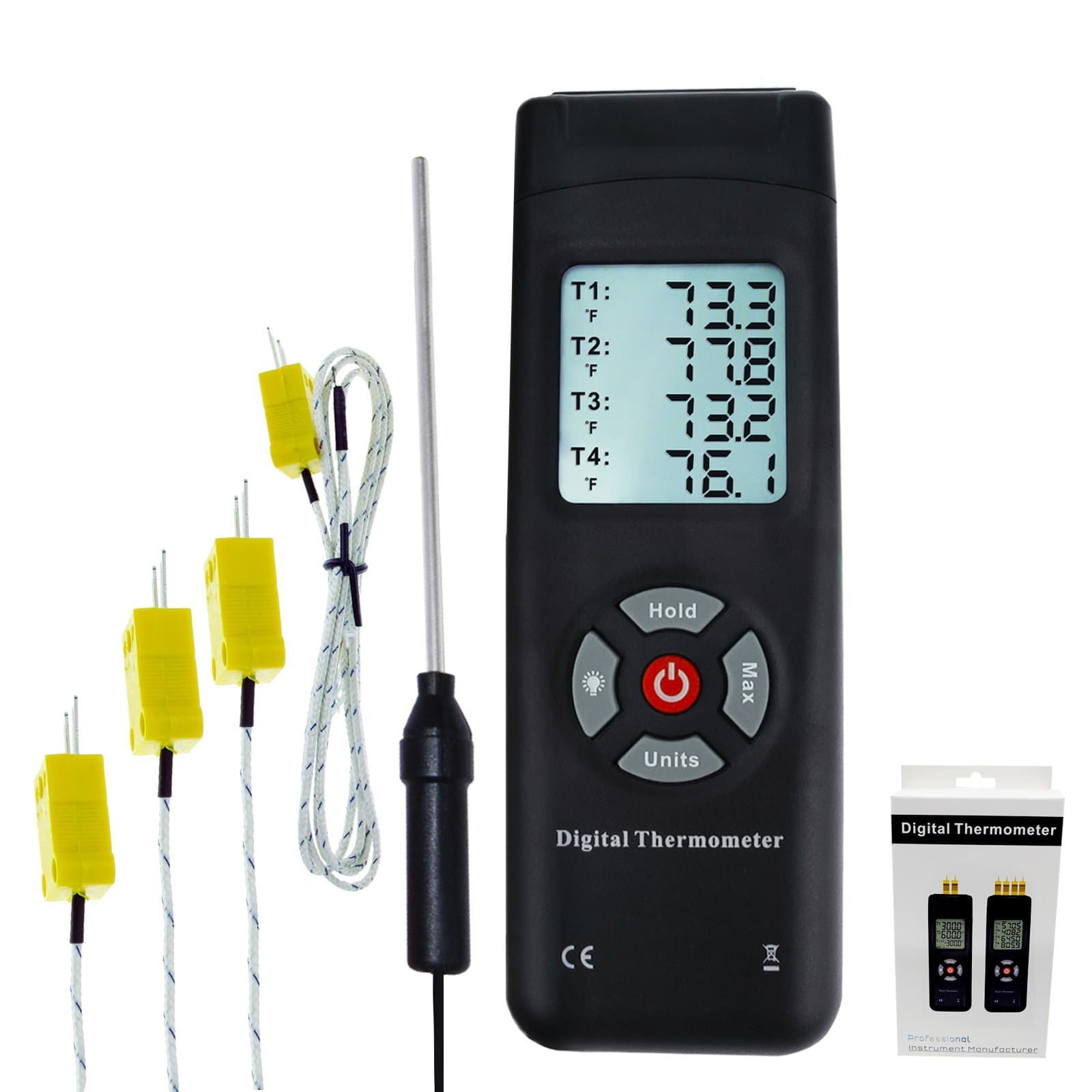 4 Channel K Type Digital Thermometer Thermocouple, Handheld Temperature Meter Tester with Metal & Bead Probes, 50~1350 °C (-58~2462°F)- High Temp Meter Accurate Temperature Measurement