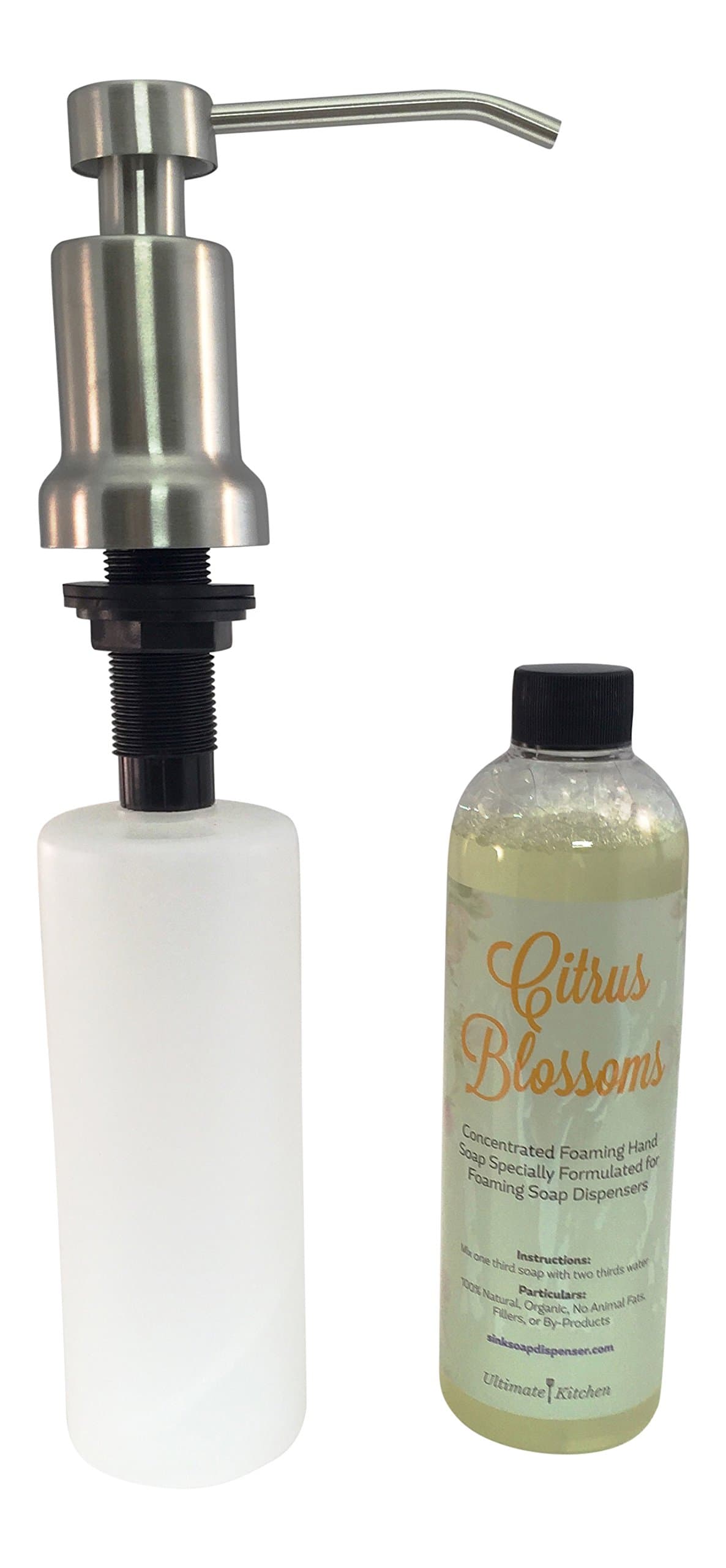 Kitchen-Classics Built In Foaming Soap Dispenser WITH Organic Foaming Soap (Combo Pack) - Top Quality 304 Stainless Steel (Satin Finish) - HUGE 17oz Bottle - Installs Quickly - This Combo Pack Includes Our Concentrated (Citrus Blossoms Scented) Organic Foaming Soap.