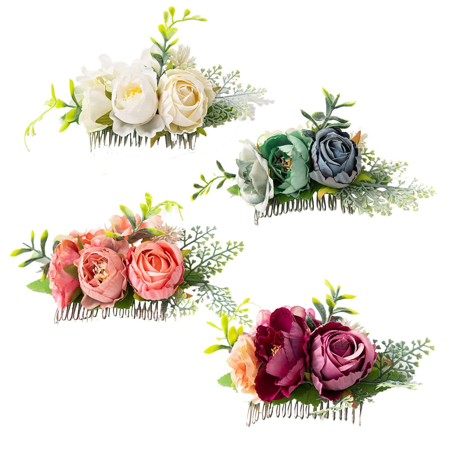 4 Pack Silver Metal Hair Side Combs Slides with Artificial Rose Flower Floral Wedding Bridal Headpieces Clips Hairpins Barrettes Bun Chignon Hair Accessories for Women Flower Girls Bridesmaids