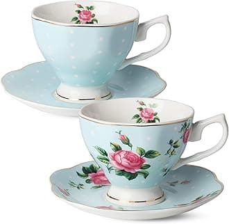 BTaT- Floral Tea Cups and Saucers, Set of 2, 8oz, with Gold Trim, Coffee Cups, Floral Tea Cup Set, British Tea Cups, Porcelain Tea Set, Tea Sets for Women