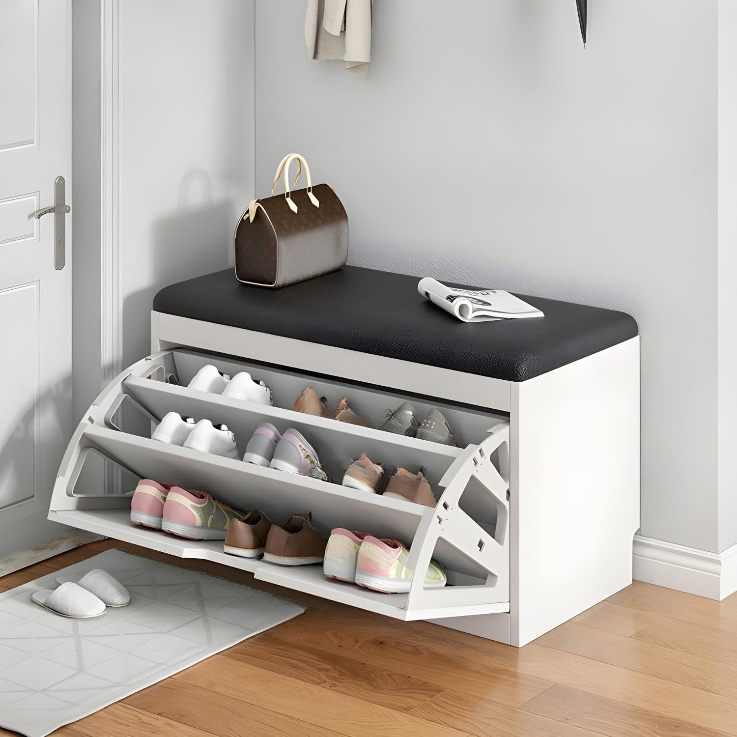 LITFAD Modern Shoe Storage Bench with Doors - Entryway Bench with Cushion Seat - Hallway Bench with Hidden Shoe Storage - Free Standing Organizer - 24" L x 12" W x 18" H - Black