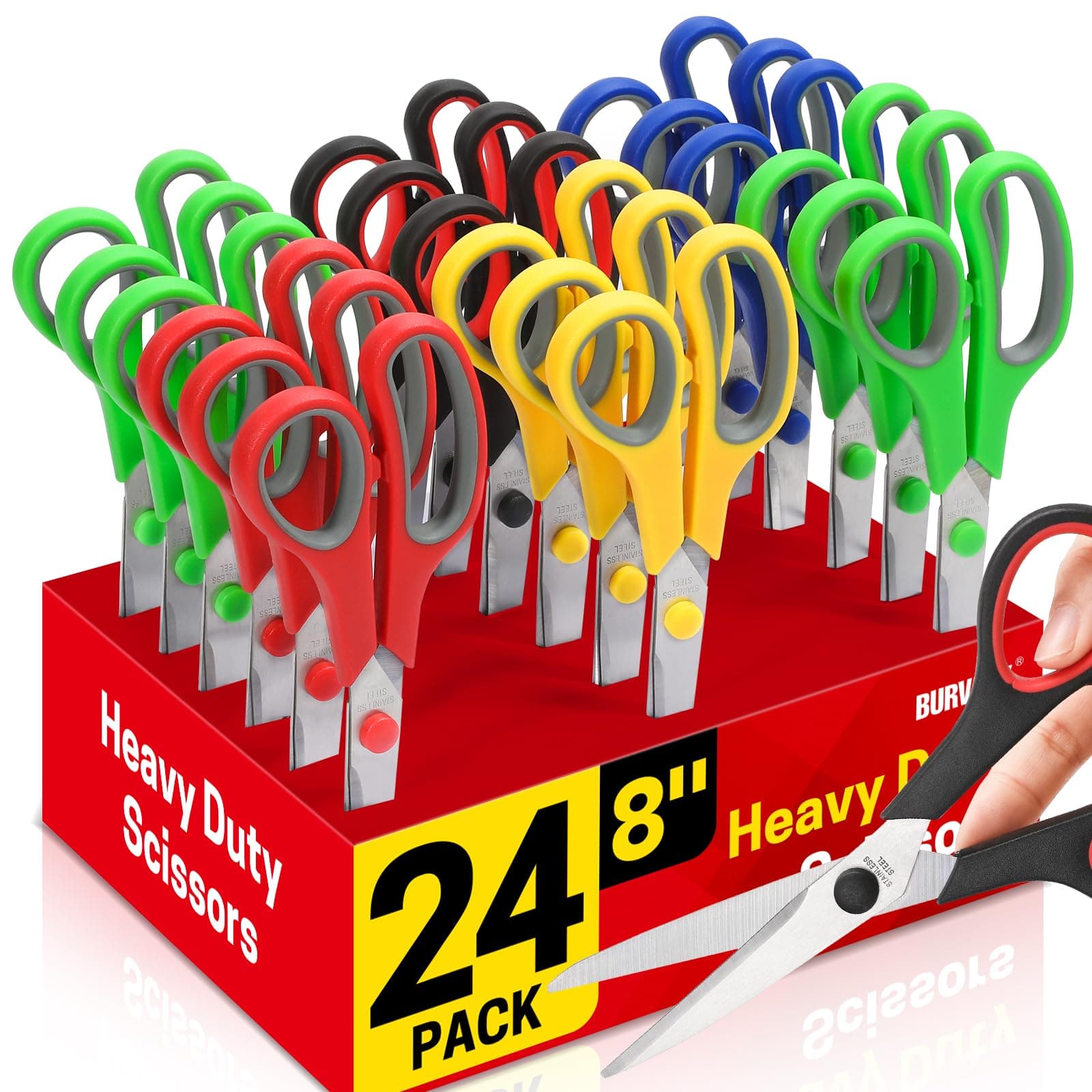 BURVAGY 24-Pack 8" All Purpose Heavy Duty Sharp Scissors Bulk for Office School Home Stainless Steel Blades Safety Soft Grip Handles,Right/Left Handed Scissors