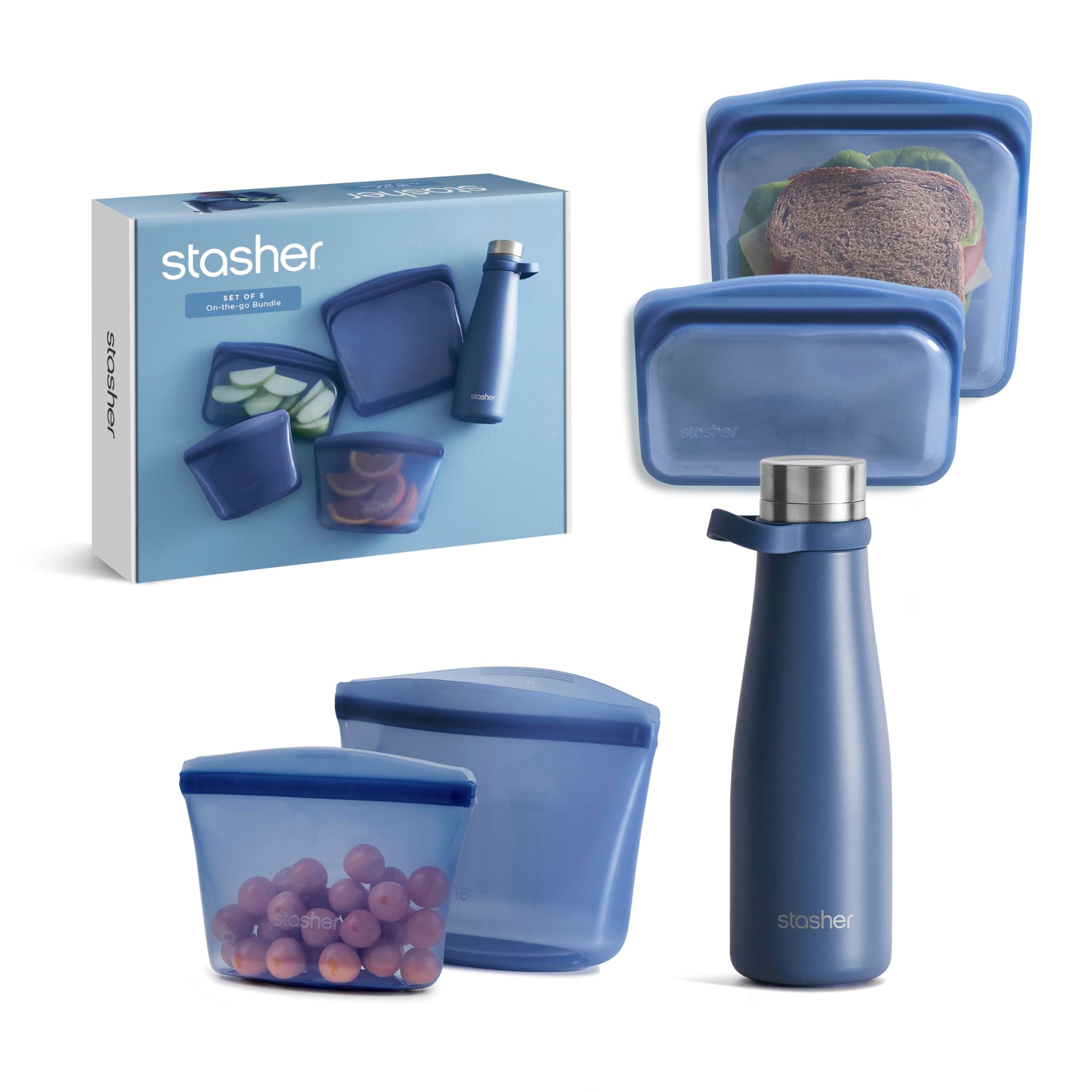 On-The-Go Boxed Starter Kit 5-Pack | Premium Silicone Reuseable Food Storage Bags, Deep Ocean | Water Bottle | Multi-Use Travel Containers | BPA Free, Leak-free, Dishwasher Safe, Eco-Friendly