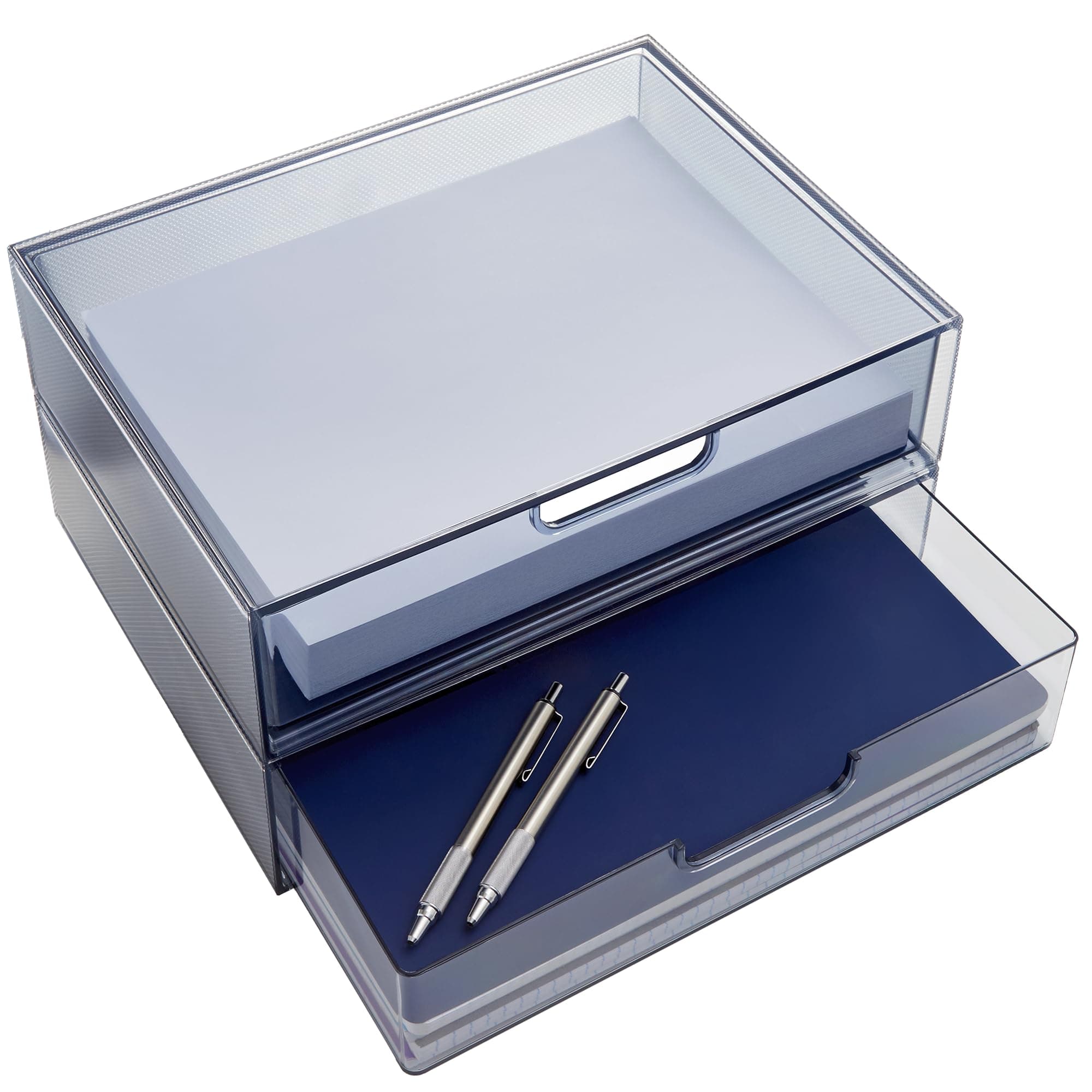 STORi STAX Plastic Stackable Organizer Drawers (Set of 2) Classic Grey | 12.5" Wide | Set Includes Two Open Drawer | Organize Office Desk Accessories & Sort Paper | Made in USA