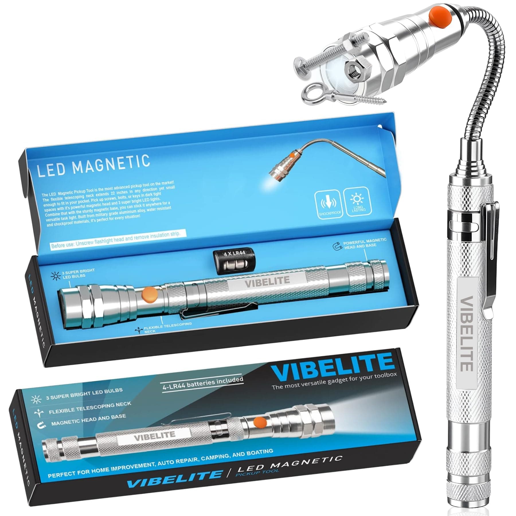 VIBELITE Extendable Magnetic Flashlight with Telescoping Magnet Pickup Tool-Cool Gadgets Gifts Idea & Gifts for Men,Husband,Dad,Father,Mechanic,Tech,Handyman,Him Women, Silve