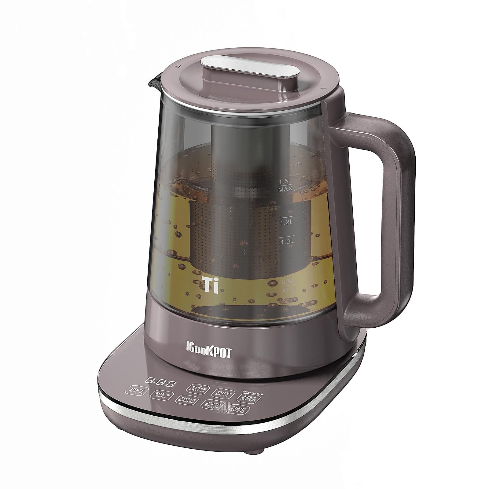 Titanium Hot Tea Maker Glass Electric Kettle with Infuser and Temperature Control,1.5L Tea Maker & 1500W Rapid Boiling,Programmable Control for your Favorite Teas and Coffee-Brown