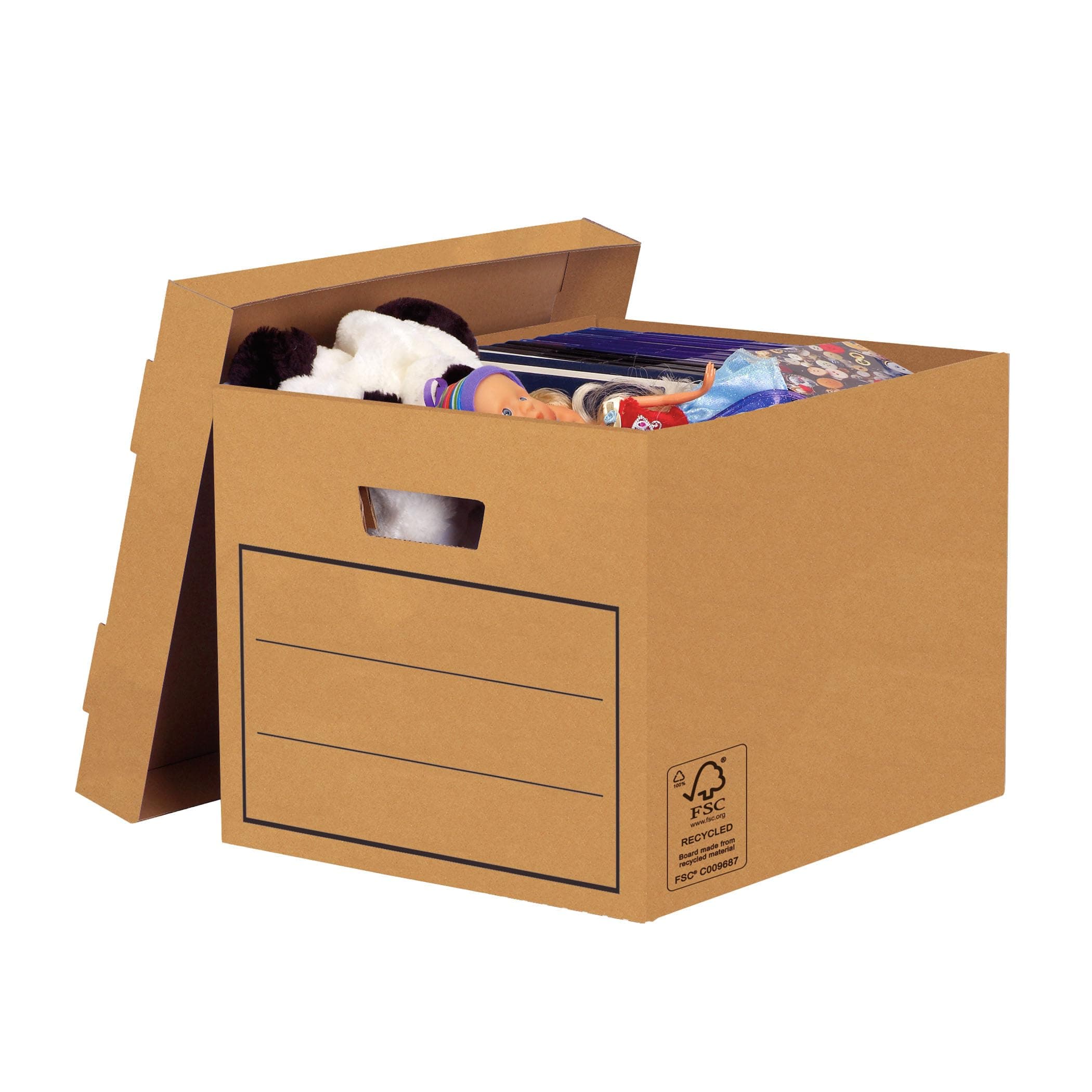 10 Multi-Use Storage Box with Lids - Cardboard Storage Box with Lids for Office Storage - Archive Boxes with Handles - W32.5 x H28.5 x D39cm (Pack of 10) - Brown