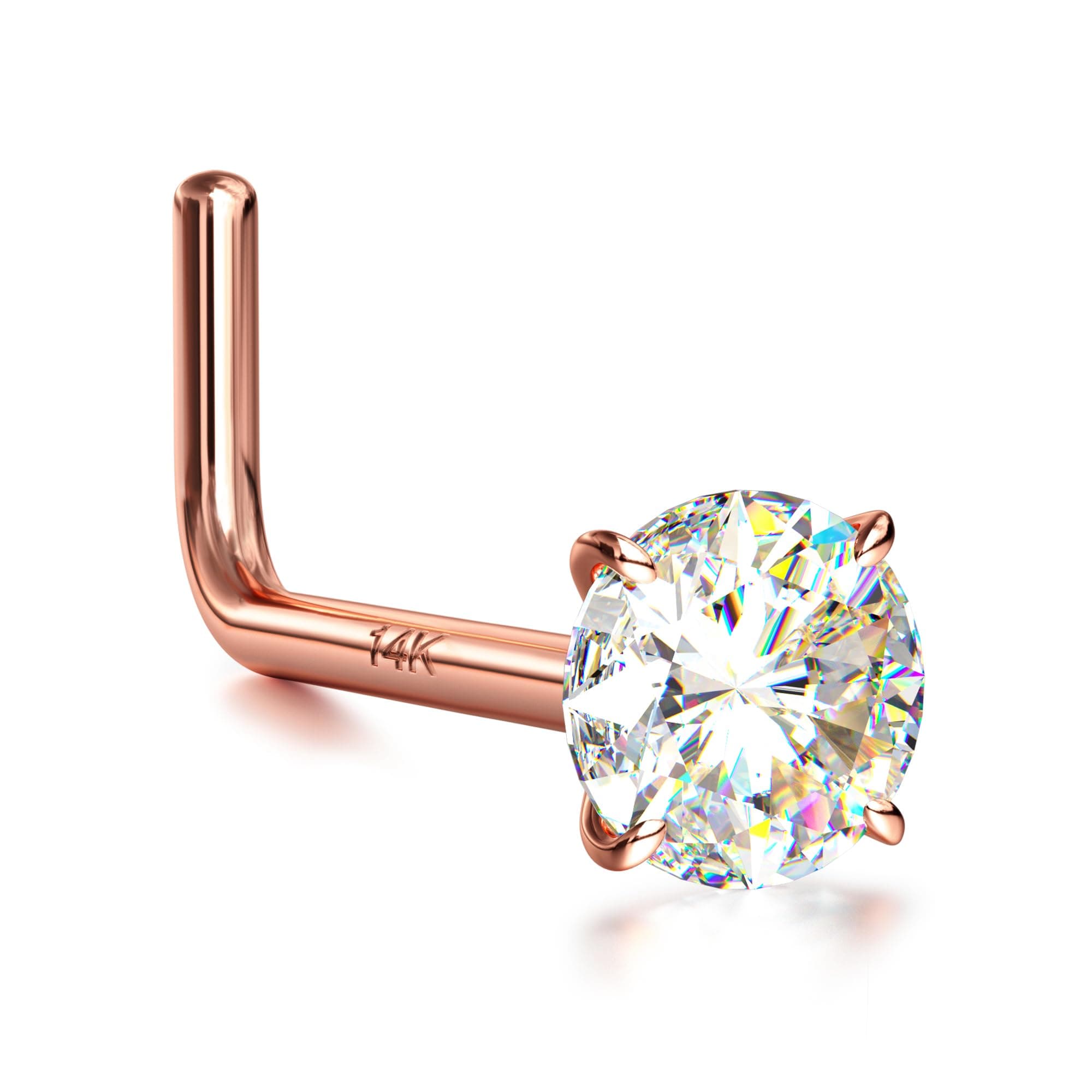 14K Real Gold Nose Studs, 18G 20G Solid Gold L Shaped Nose Rings, Simulated Diamond CZ Hypoallergenic Nose Piercings for Women Men 1.5 2 3MM