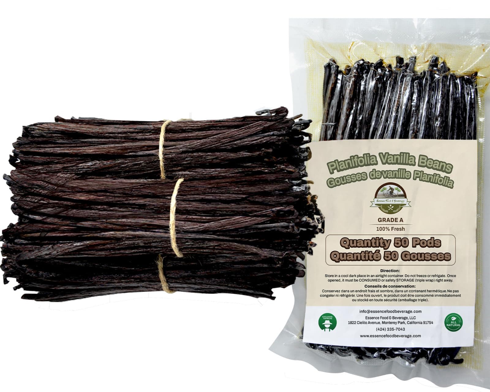ESSENCE FOOD & BEVERAGE 50 Extra Large Vanilla Beans Grade A - NON-GMO Fresh Vanilla Bean pods, "6-9" Inches Vanilla Bean, Vanilla Beans For Making Vanilla Extract Grade A