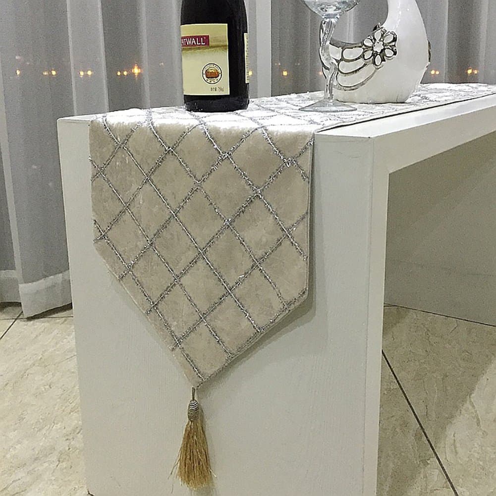 Yanglovele Velvet Luxury Retrol Geometric Grid Pattern Table Runner Top Decoration Home Decor (Beige)