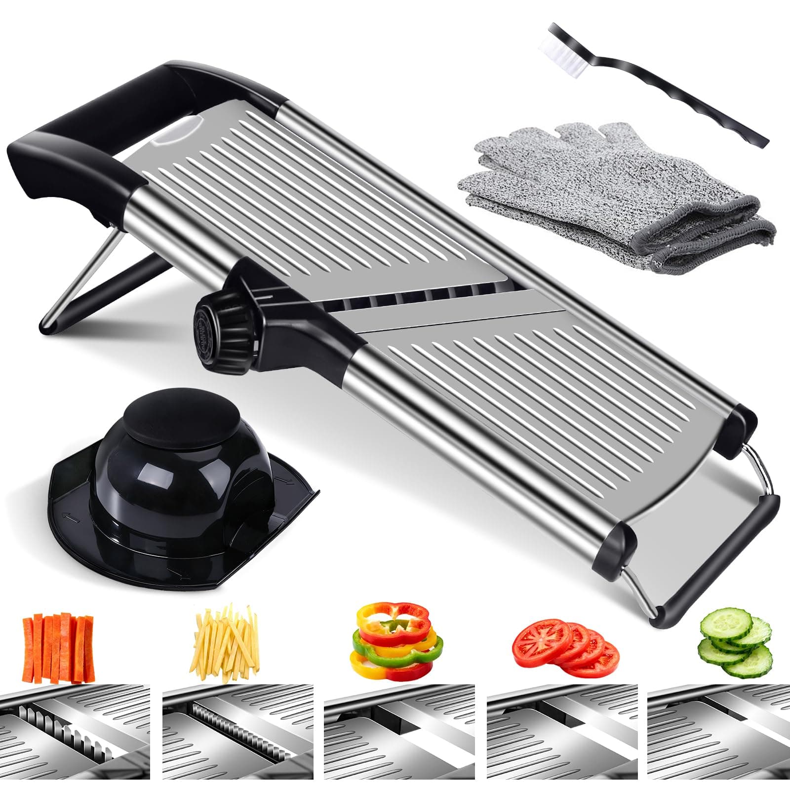 Mandoline Slicer for Kitchen, Adjustable Mandoline Vegetable Slicer with Stainless Steel Blade, Kitchen Food Julienne Cutter with Cleaning Brush, Cut Resistant Gloves