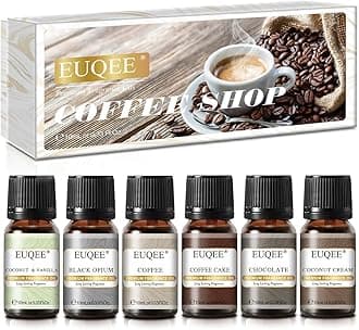 EUQEE 6PCS Coffee Fragrance Oil Set(10ml), Premium Fragrance Essential Oils Set for Candle Making, Diffuser-Coffee, Chocolate, Cake, Coconut Cream, Coconut & Vanilla