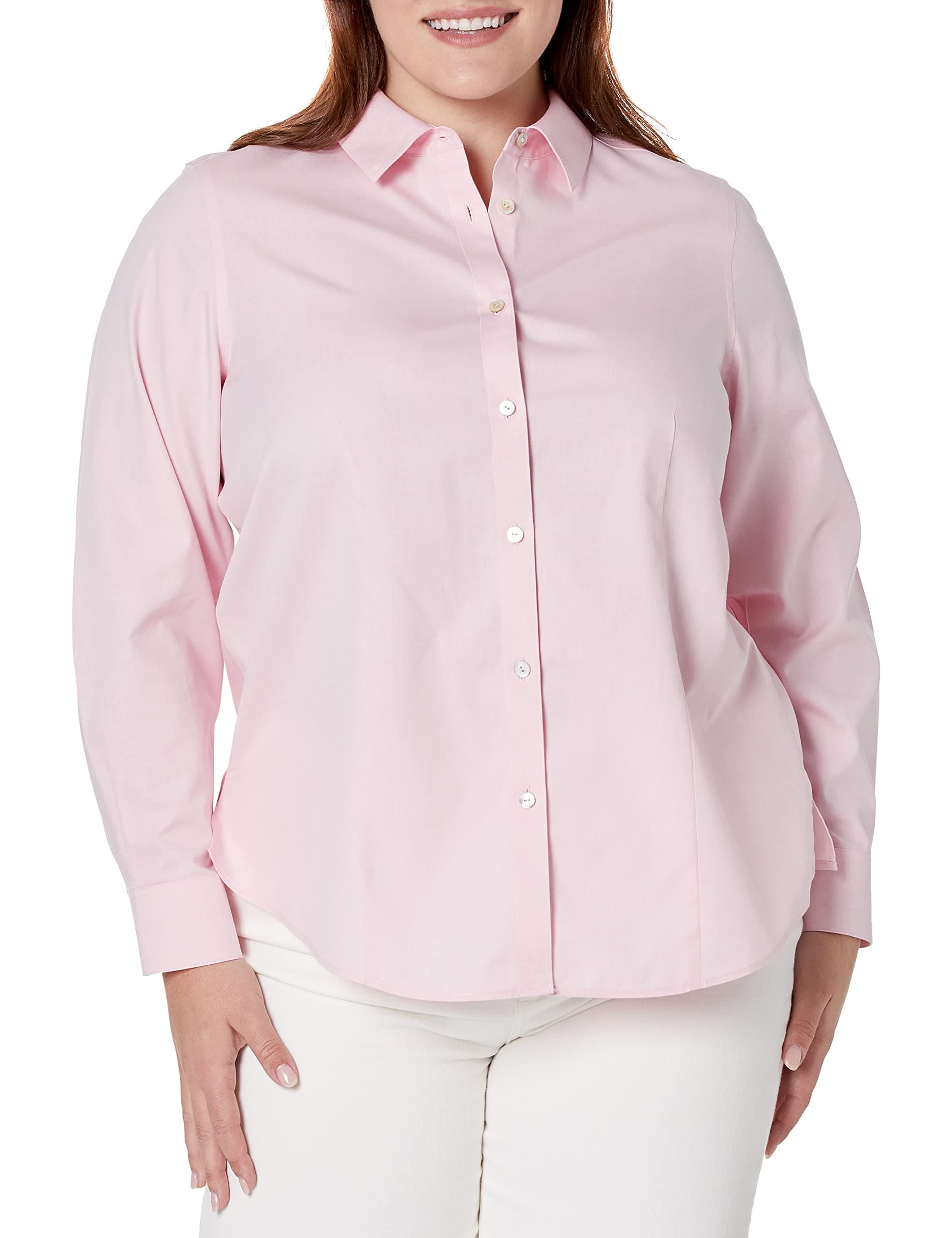 FoxcroftWomen's Plus Size Dianna Long Sleeve Solid Pinpoint Blouse, Chambray Pink, 14W