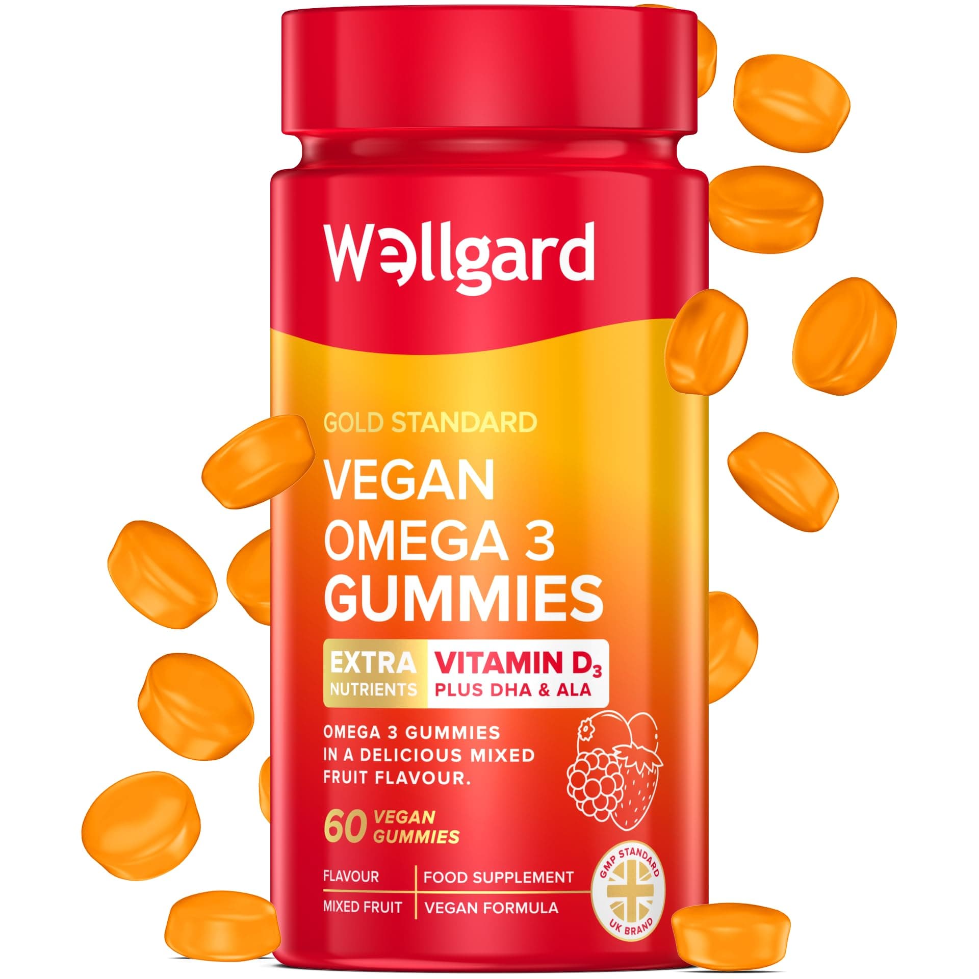 Vegan Omega 3 Gummies by Wellgard - Chewable Algae-Derived DHA & ALA, Omega 3 Supplements, Allergen-Free, Natural Flavour, Formulated in UK