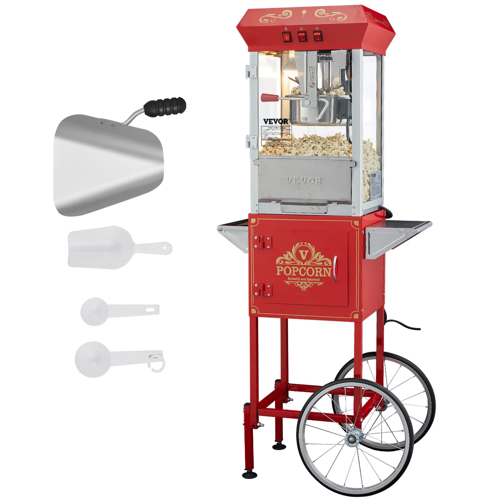Commercial Popcorn Machine, 8 Oz Kettle, 850 W Popcorn Maker on Wheels for 48 Cups per Batch, Theater Style Popper with 3-Switch Control Steel Frame Tempered Glass Doors Cart 1 Scoop 2 Spoons