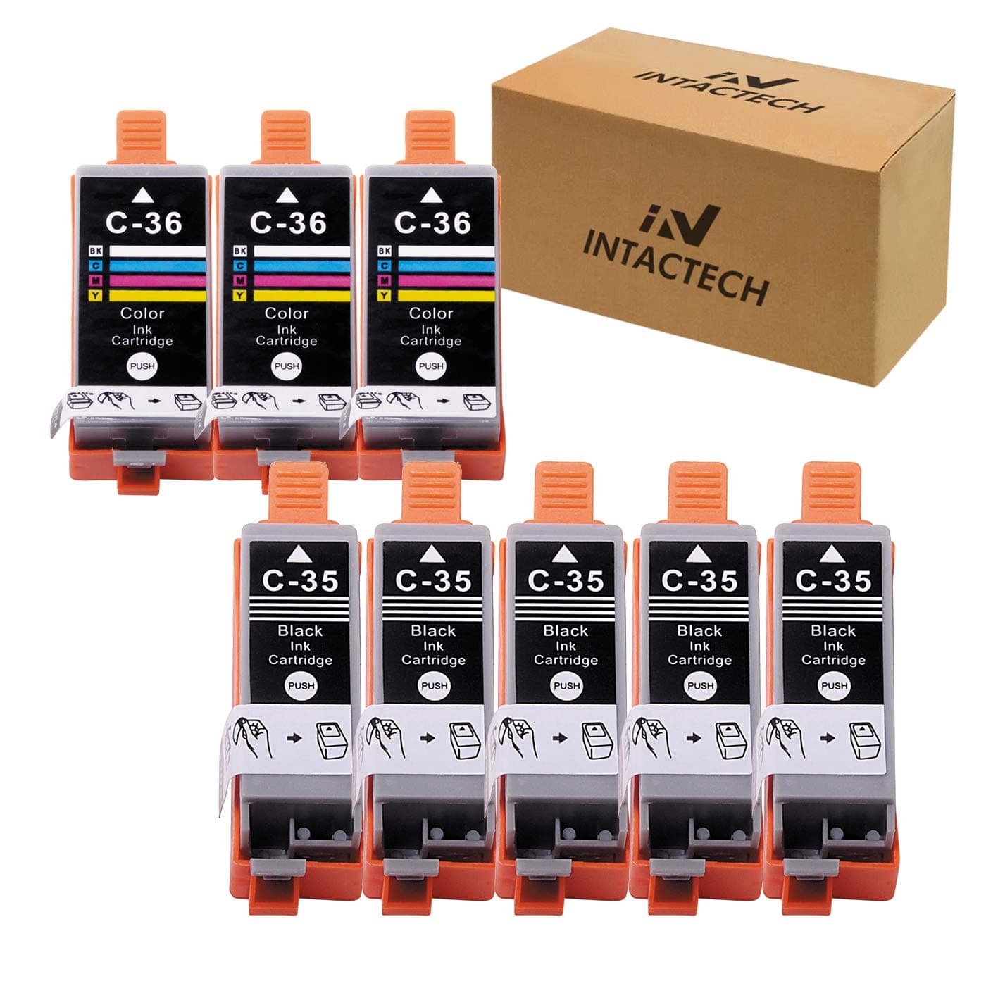 Intactech PGI-35 CLI-36 Compatible with Canon 35 36 Combo Ink Cartridges Use for Pixma iP110 iP100 mini260 mini320 TR150 Printer (PGI35BK / CLI-36C, 8-Pack)