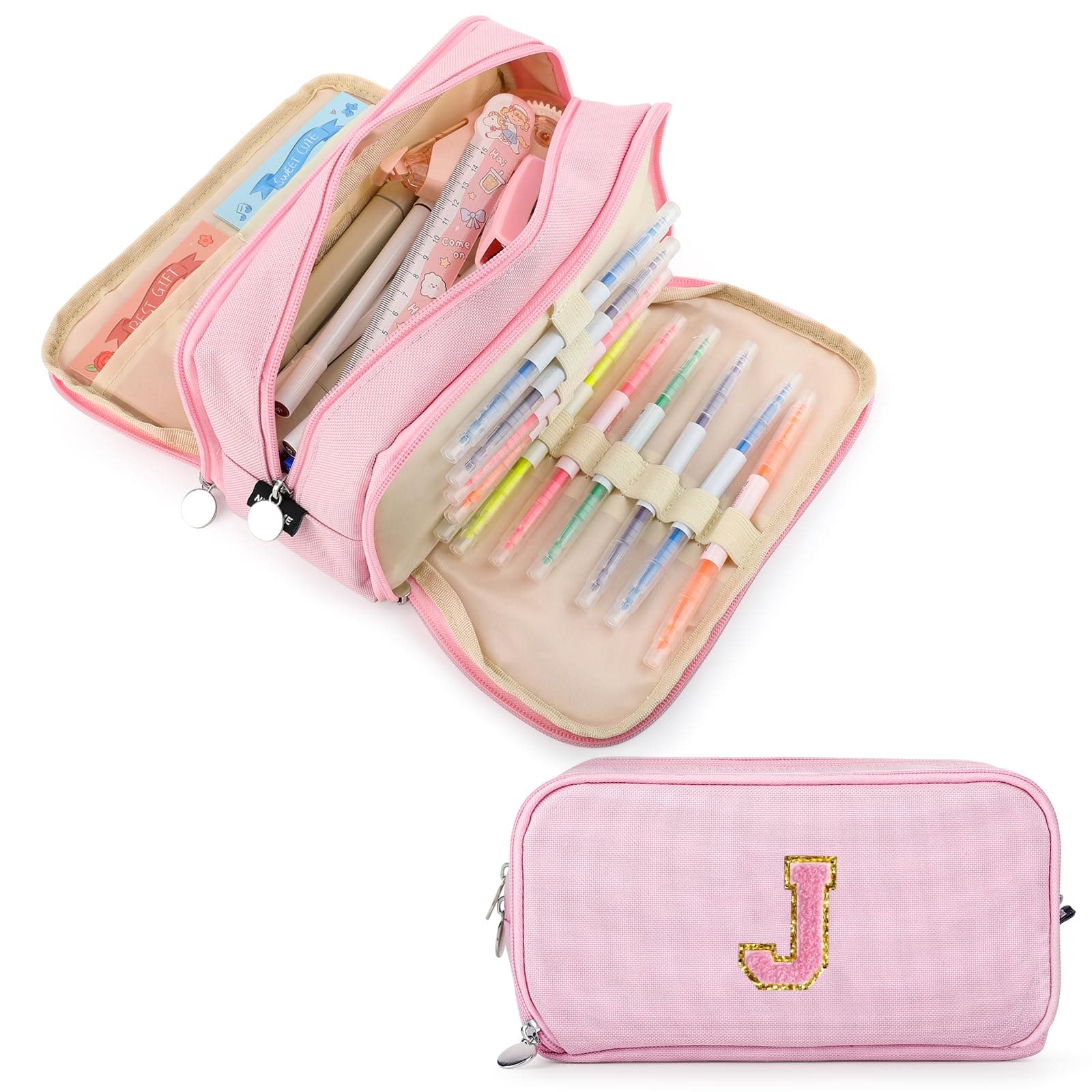 Extra Large Capacity Pencil Case 3 Compartment Initial Pencil Pouch Personalized Cute Aesthetic Stationery Pen Case Bag for School Teen Girl Boy Men Women Gift (J, Pink)