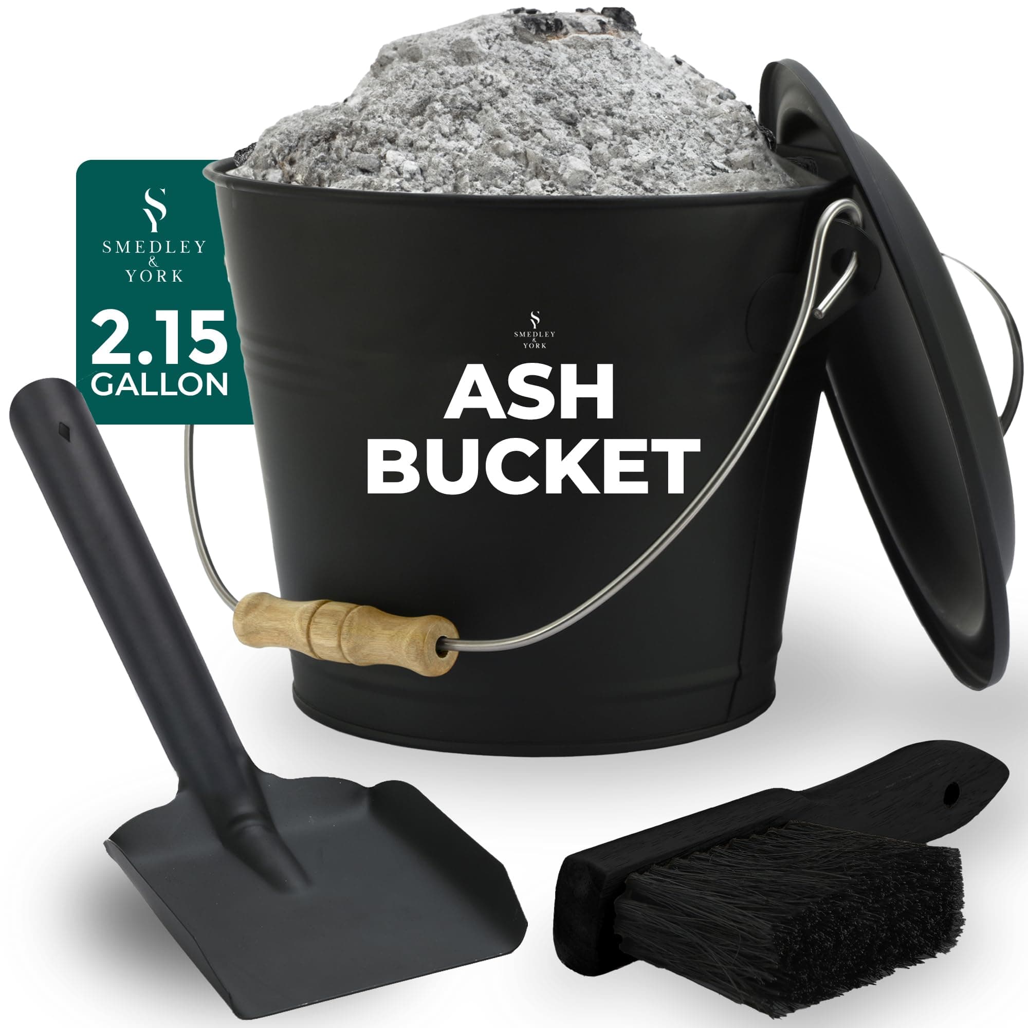 Black Ash Bucket with Lid, Complete Fireplace Tools Set, Includes Pail, Shovel & Broom, 2.15 Gallon Metal Coal Bucket with Accessories, Galvanized Iron Ash-Bucket for Fire Place