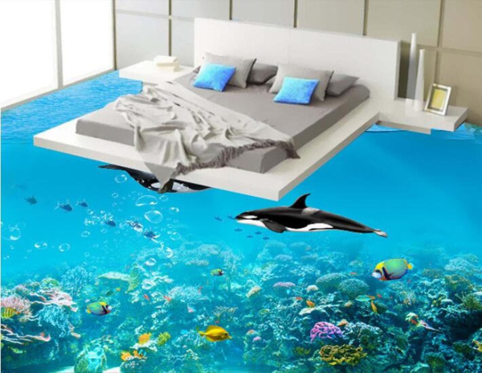 Wall Mural Wallpaper 116 x 83 inch (Width x Height) 3D Flooring Custom of 3D Bathroom Flooring Wall Paper The sea Dolphins Wallpaper 3D Flooring Paintings 3D Wall murals Wallpaper