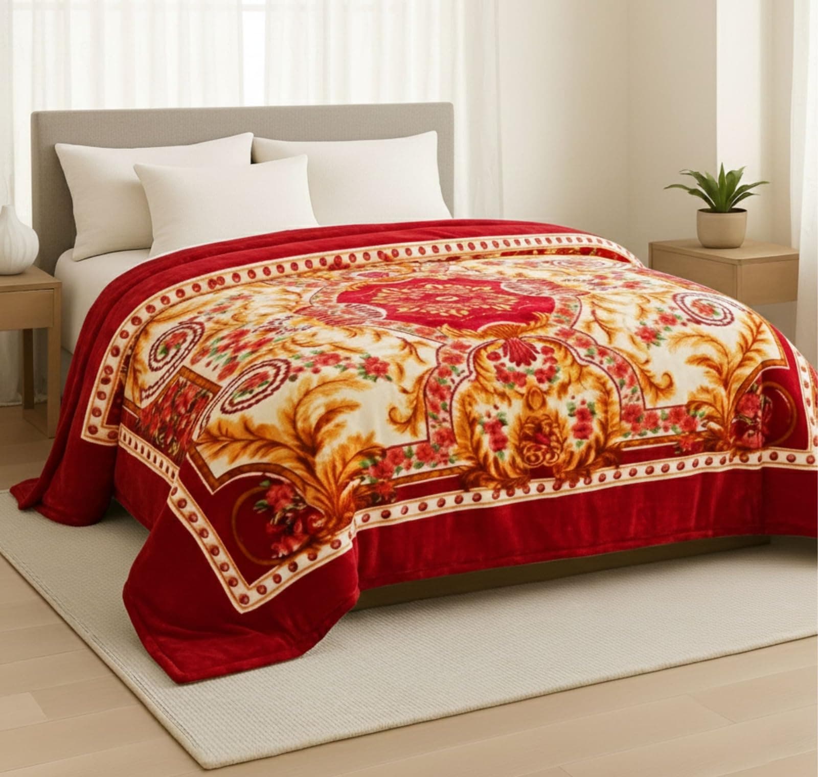 BSB HOME Super Soft Cloudy Printed Double Bed Blanket for Heavy Winter, Single Ply Mink Blanket King Size with 220 x 230 Cm – 2.5 Kg (Multicolour Red and Beige, Pack of 1)