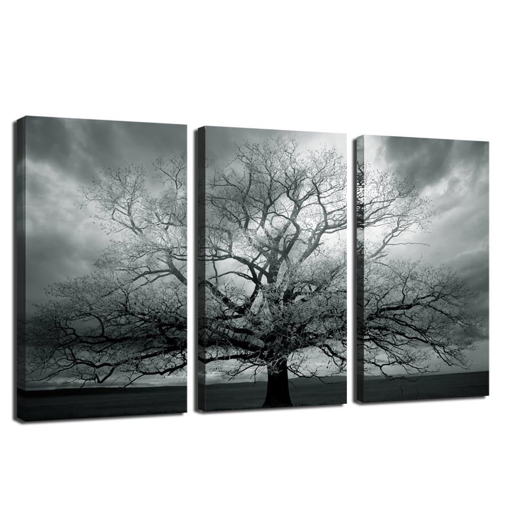 sechars - Large 3 Panel Tree Picture Wall Art Dark Forest Landscape Canvas Prints Tree of Life Painting for Living Room Home Office Decor