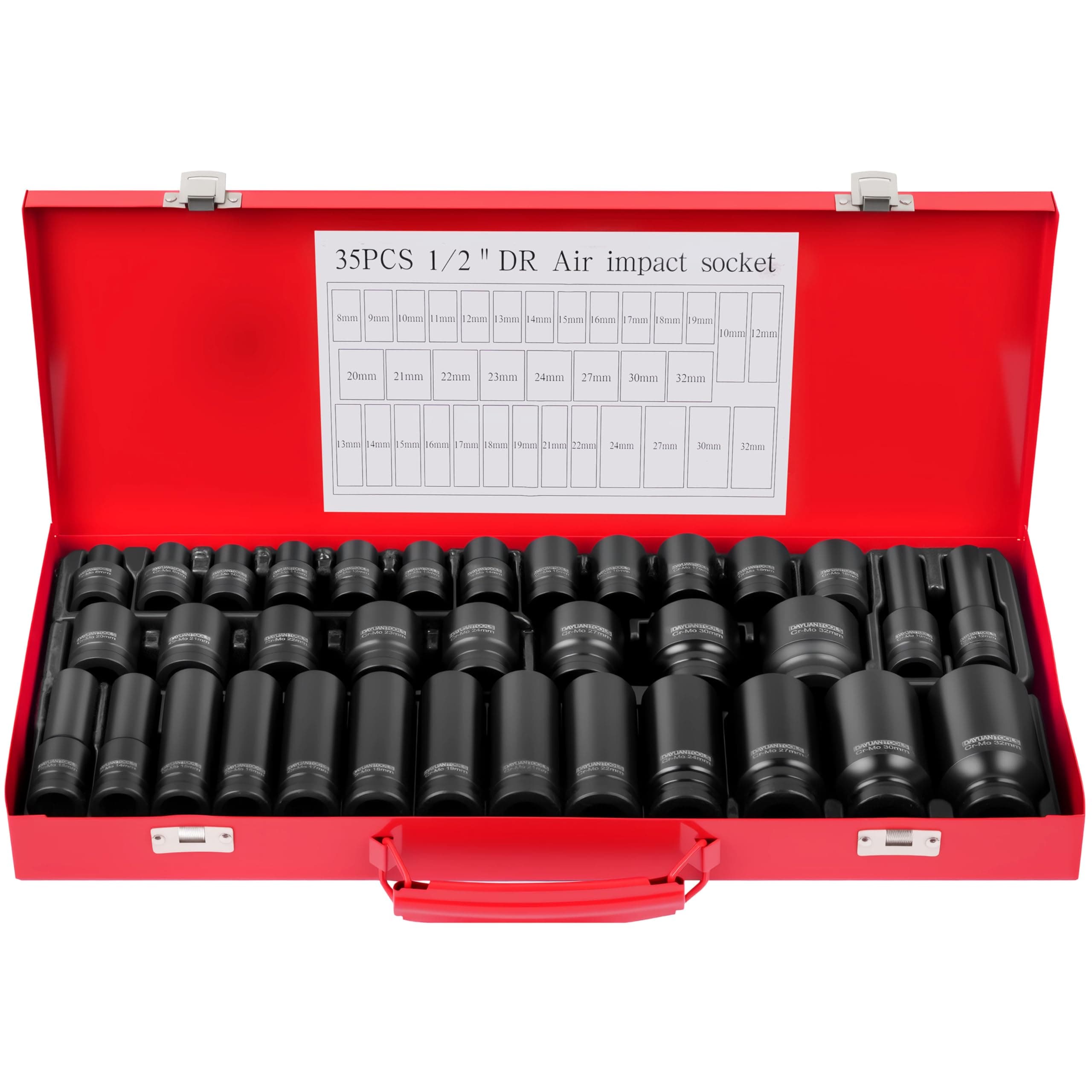 DAYUAN 35pcs 1/2" Drive Deep Impact Metric Socket Set Car Garage Tools