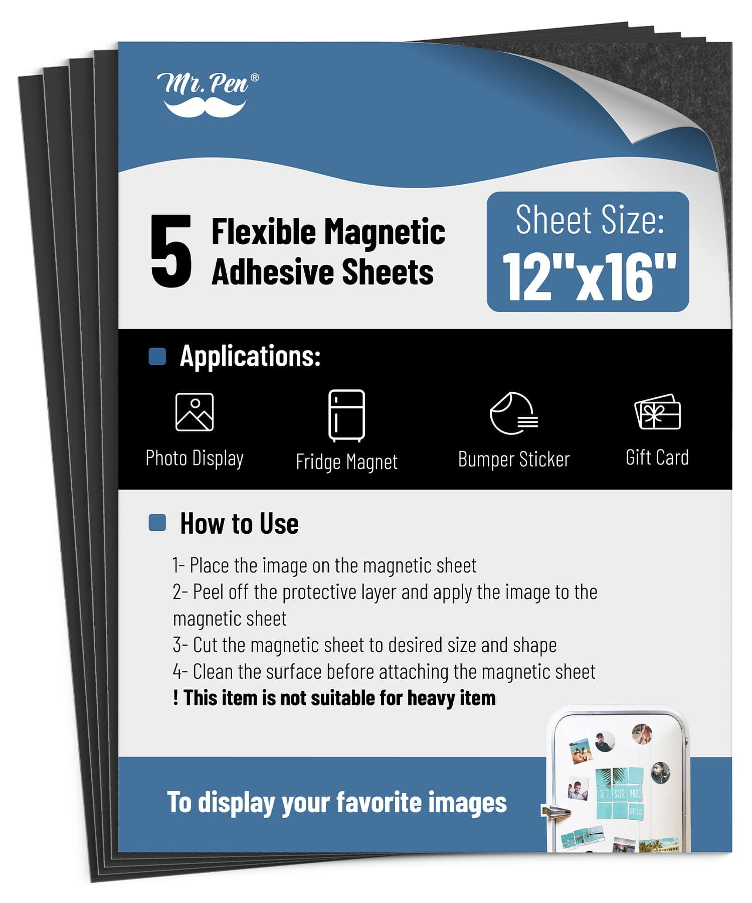 Mr. Pen- Adhesive Magnetic Sheets, 12" x 16", 5 Pack, Magnetic Sheet, Magnetic Paper, Magnet Paper Sheets, Magnetic Sheets with Adhesive Backing, Flexible Magnetic Sheet, Photo Magnets, Magnet Sheet