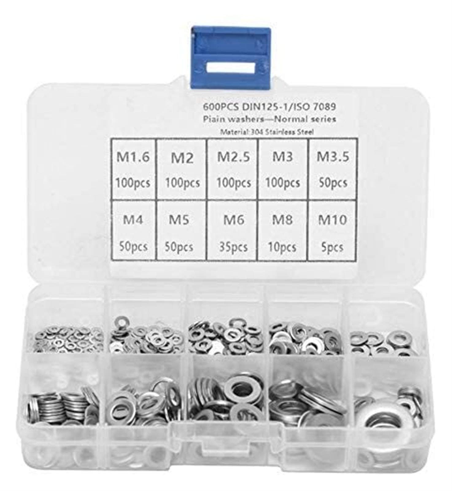 600pcs-Multiple specifications- M1.6/M2/M2.5/M3/M3.5/M4/M5/M6/M8/M10 Flat Washer Stainless Steel Gasket Hardware Fasteners Lock Tools