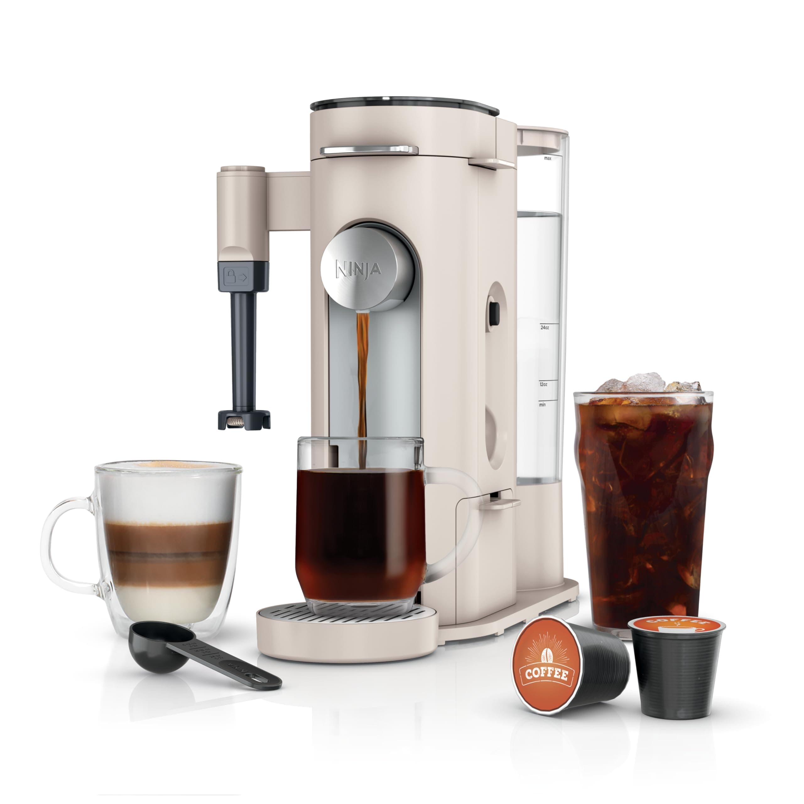 Ninja Pod & Grounds | Coffee Maker | XL Single-Serve | K-Cup Pod Compatible | Brews Grounds | Compact Design | Built-In Milk Frother | 68-oz. Reservoir, 6-oz. Cup to 24-oz. Mug Sizes | Stone |PB055AST