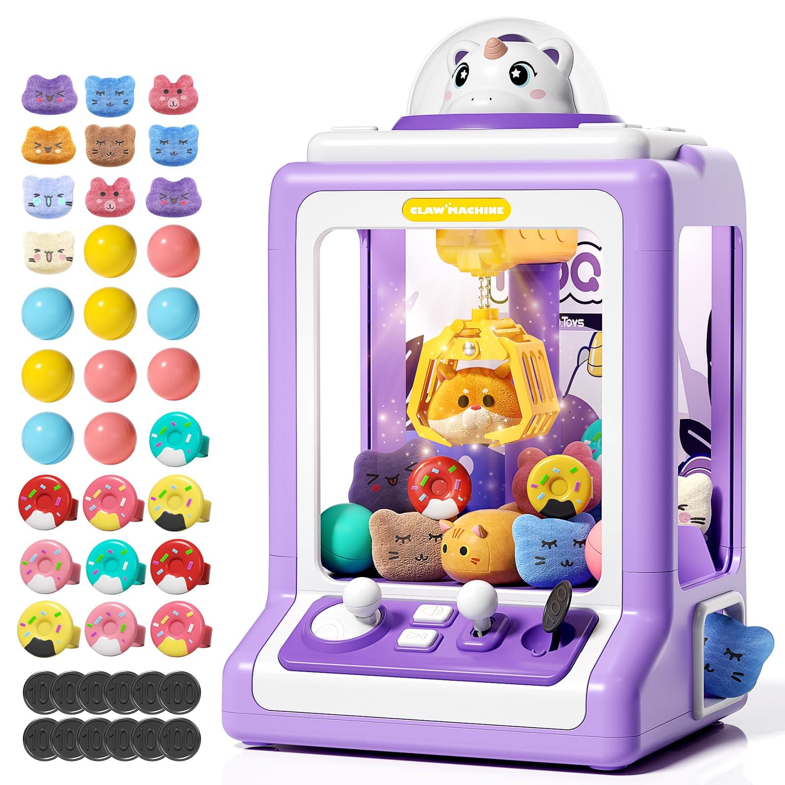 Claw Machine for Kids, Mini Vending Machine with Game Coins & Music, Prize Dispenser Toys for Girls and Boys, Electronic Claw Game Machine for Party Birthdays, Includes 30 Mini Toys