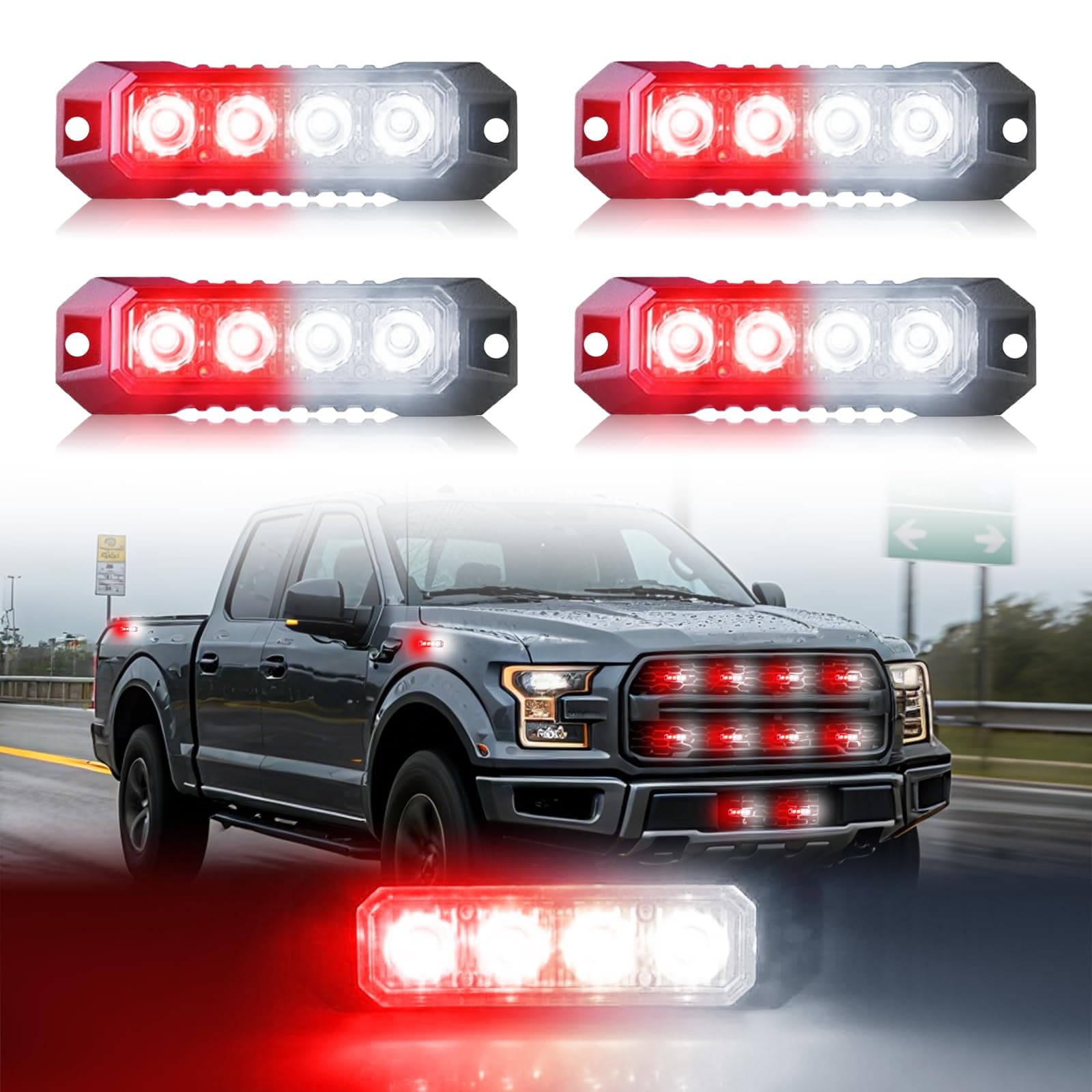 4-LED Ultra Slim Surface Mount Strobe Lights for Trucks Car Vehicle Mini Grille Flashing Light Head Emergency Hazard Warning Grill LampFor 4pcs Sync Feature (Red&White)