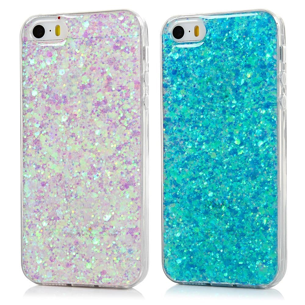 iPhone 5s Case, iPhone SE Cover [2 Packs], Bling Glitter Soft Gel Clear TPU Shell, Luxury Shinny Sparkle Transparent Silicone Case Back Cover for iPhone 5s/5/SE, Blu + Pale Purple