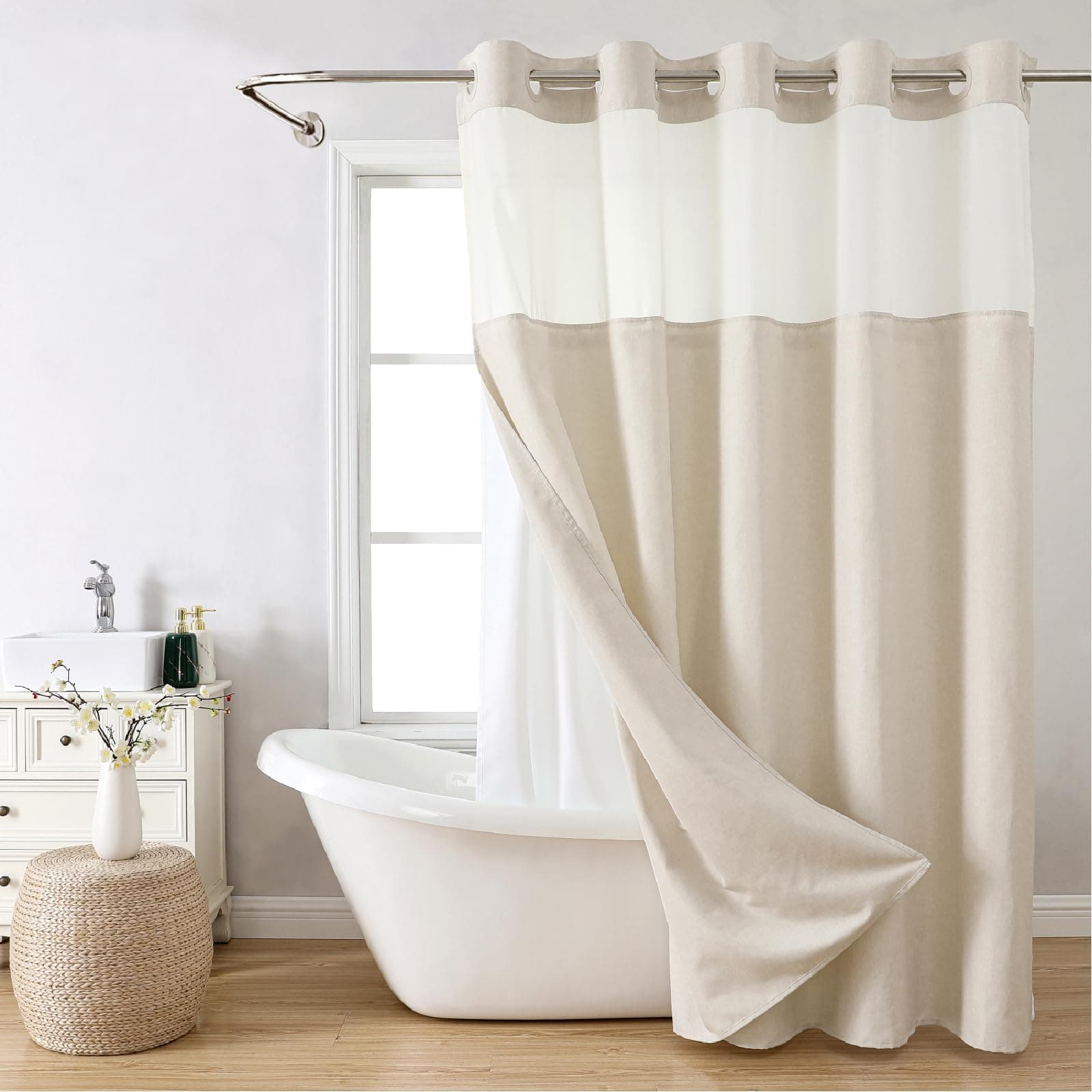 Eachope No Hooks Polyester Textured Shower Curtain with Snap-in Fabric Liner Set, Hotel Luxury Decor Shower Curtains for Bathroom with See Through Top Window, Waterproof & Washable, 71Wx74H, Cream