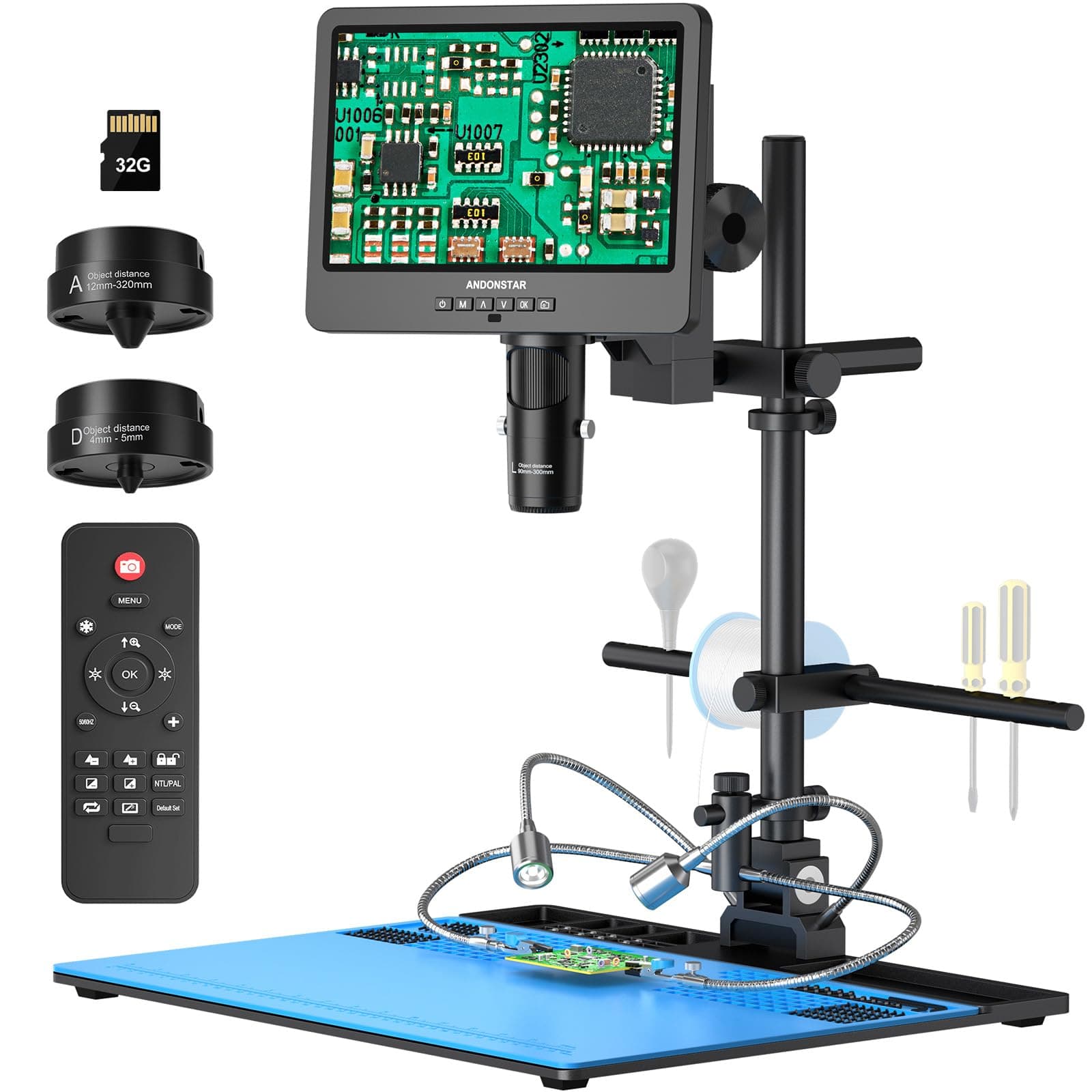 AD249S-Max 10.1'' HDMI Digital Microscope with Super Max Soldering Station, Helping Hands, 2000X 3 Lens 2160P UHD Video Record, Soldering Microscope for Electronics Repair, Slides, 32GB Card
