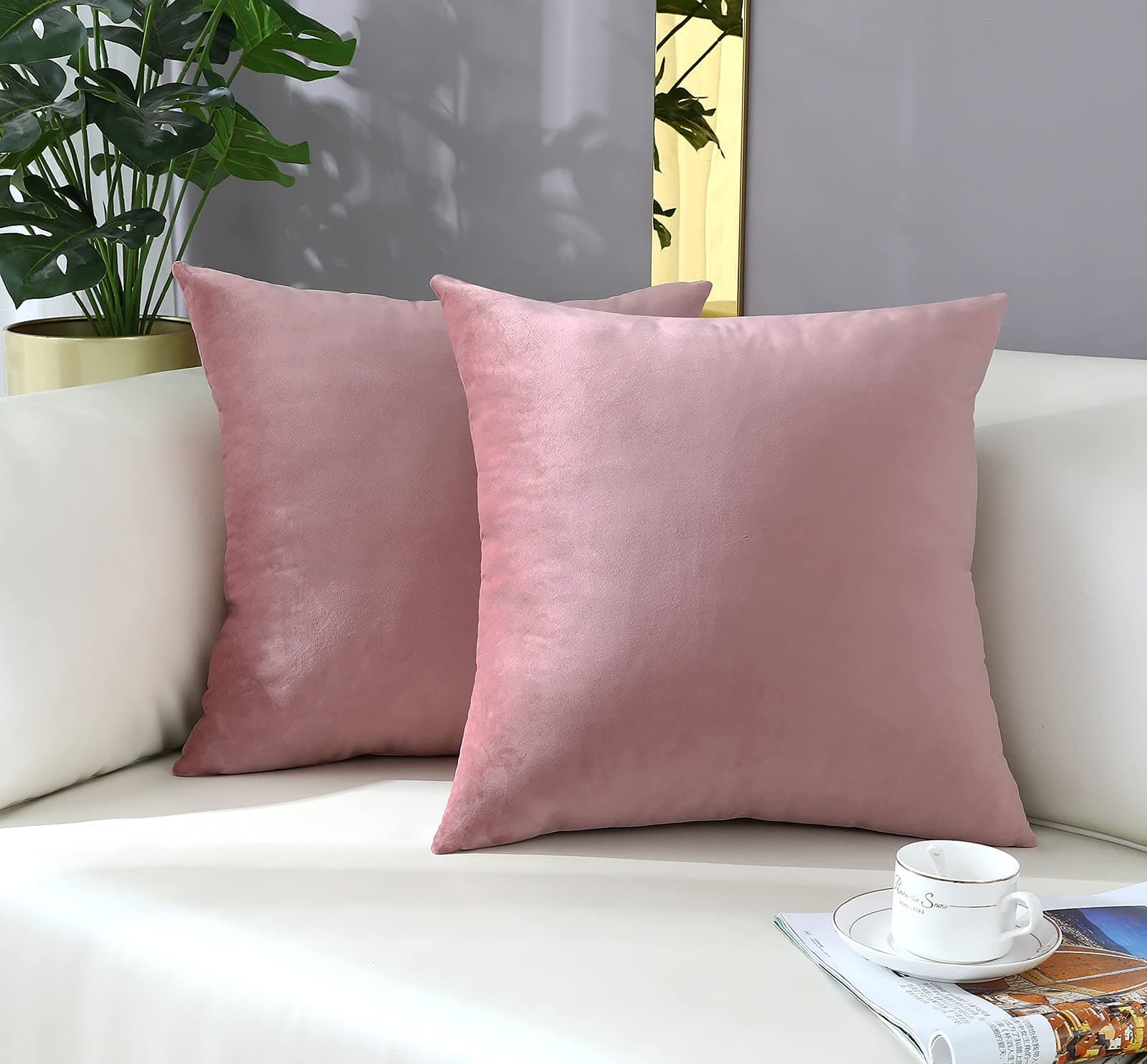 mixeoo Comfy Dusty Rose Throw Pillow Covers Decorative Square Solid Thick Velvet Super Soft Cushion Cases Home Decor for Sofa Couch Living Room Chair, Set of 2, 16 x 16 Inch