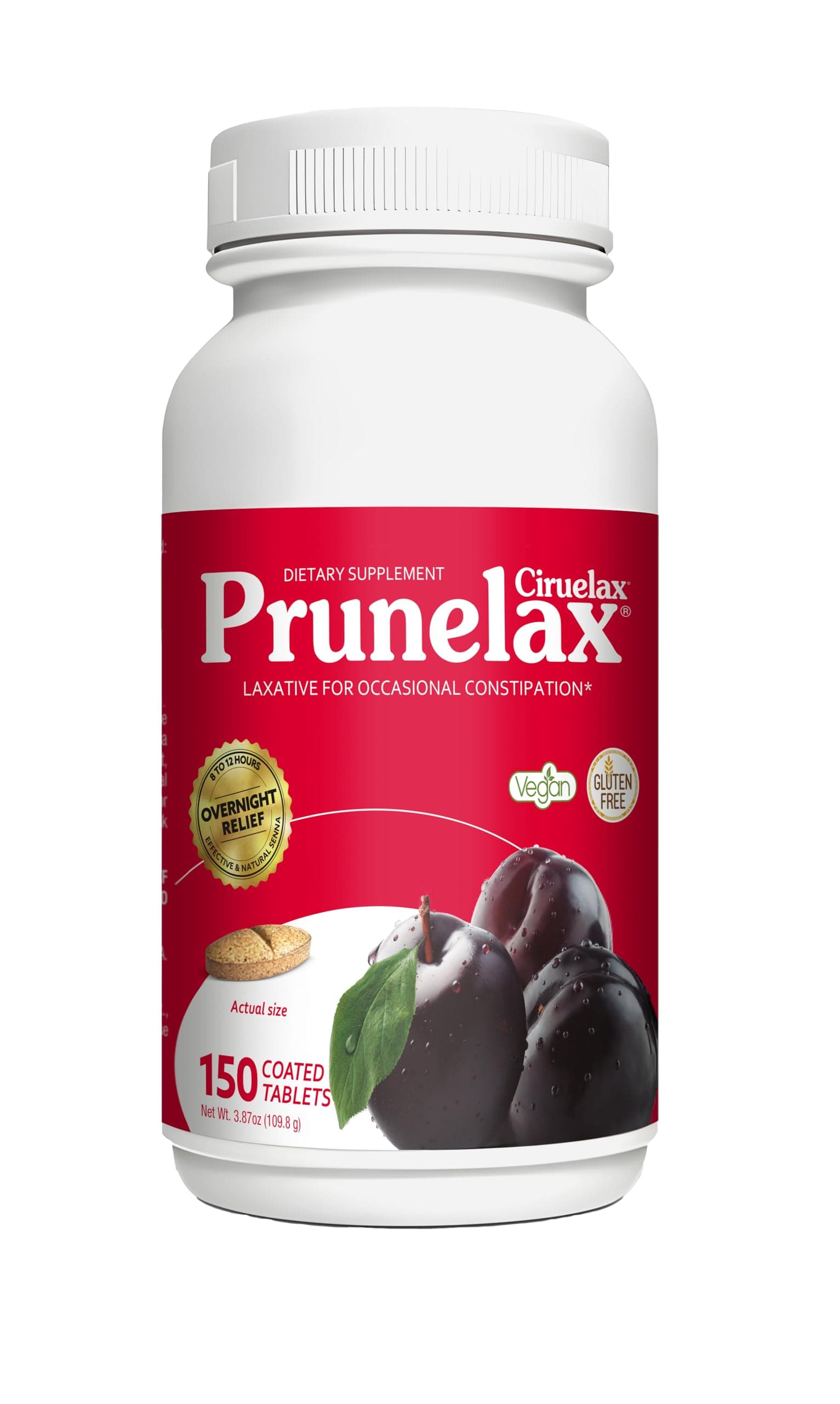 Prunelax Ciruelax Regular Strength Laxative Tablets - Overnight Relief for Occasional Constipation, Senna Extract, Vegan & Gluten-Free, Fast-Acting Gentle Relief - 150ct