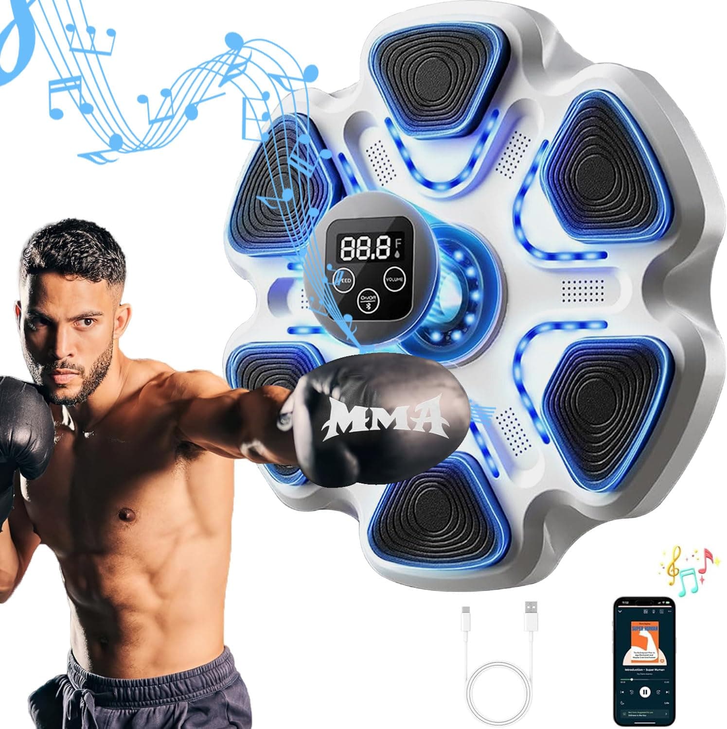 Boxing Training, Music Boxing Machine, Counting Mode & 9 Speed Music Boxing Machine, Wall-Mounted Boxing Target, 6 Soft PU Boxing Targets, 1200mAh Battery