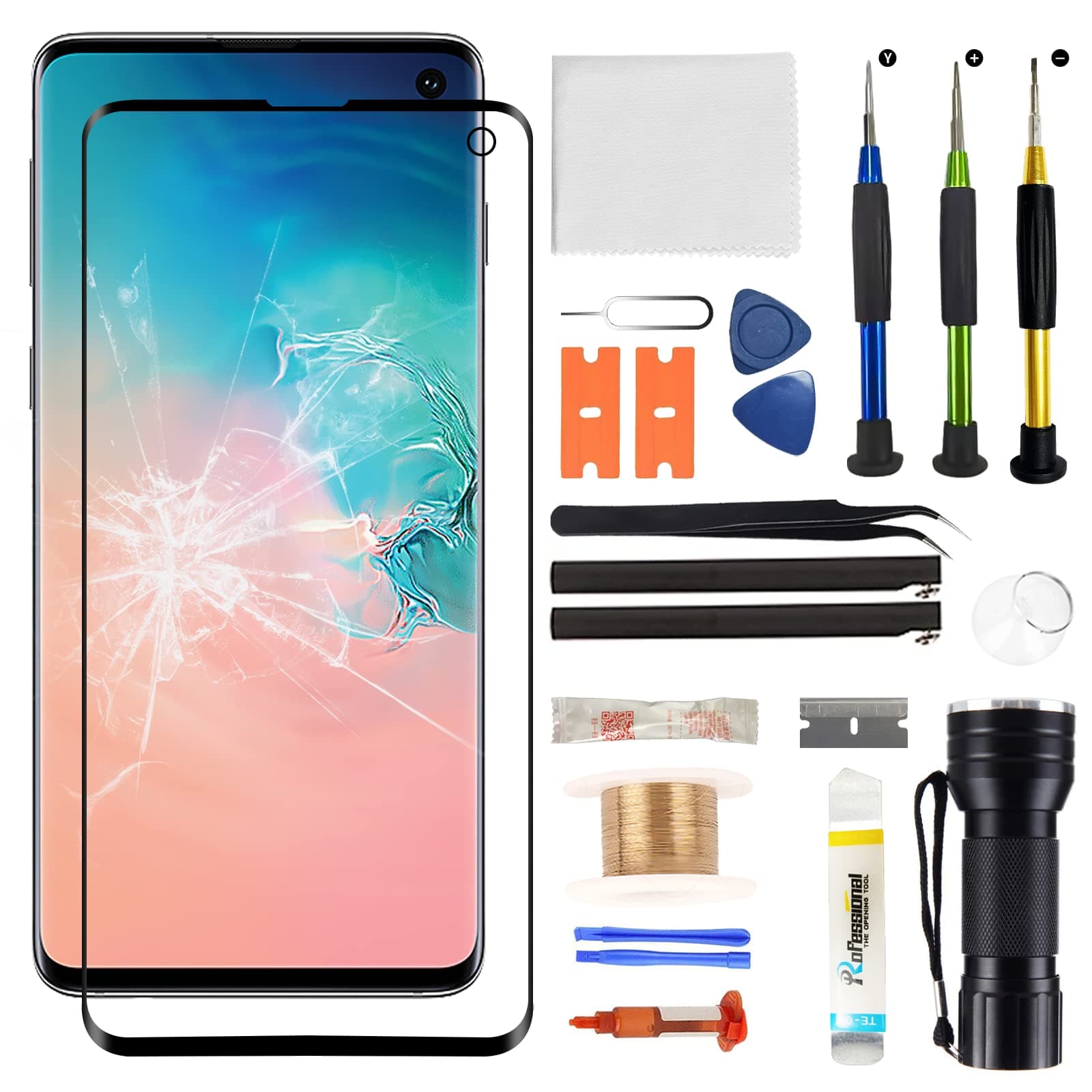 Front Glass Screen Replacement for Galaxy S10 - Compatible with Samsung Galaxy S10 G973 Series 6.1 inch & Complete Repair Tools Kit（NO OLED Screen & Digitizer Touch）