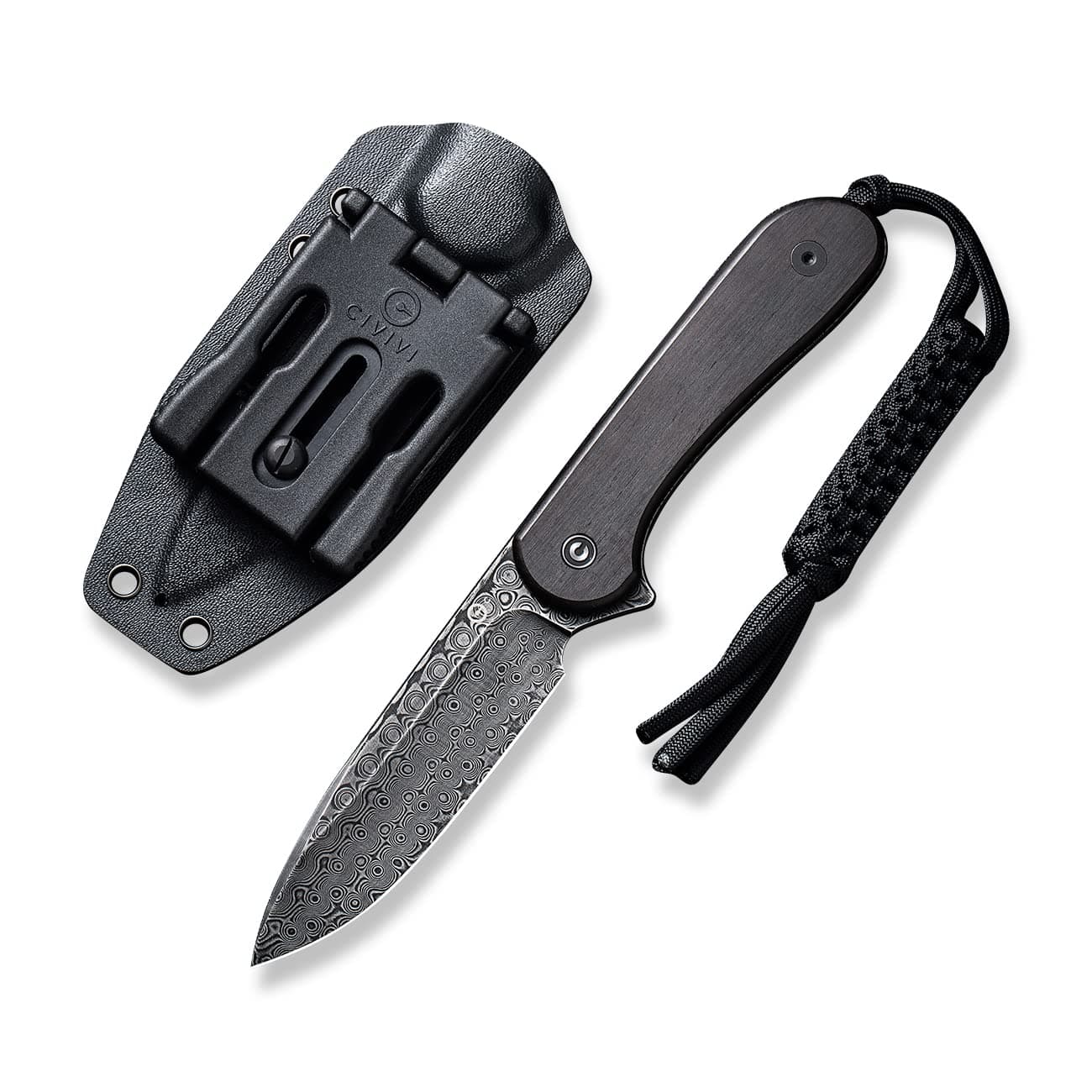 Fixed Blade Elementum Knife 3.98" Damascus Blade, Black Ebony Wood Handles, Belt Knife with Kydex Sheath, Tied Paracord Lanyard, Clip for Outdoor EDC C2105-DS1