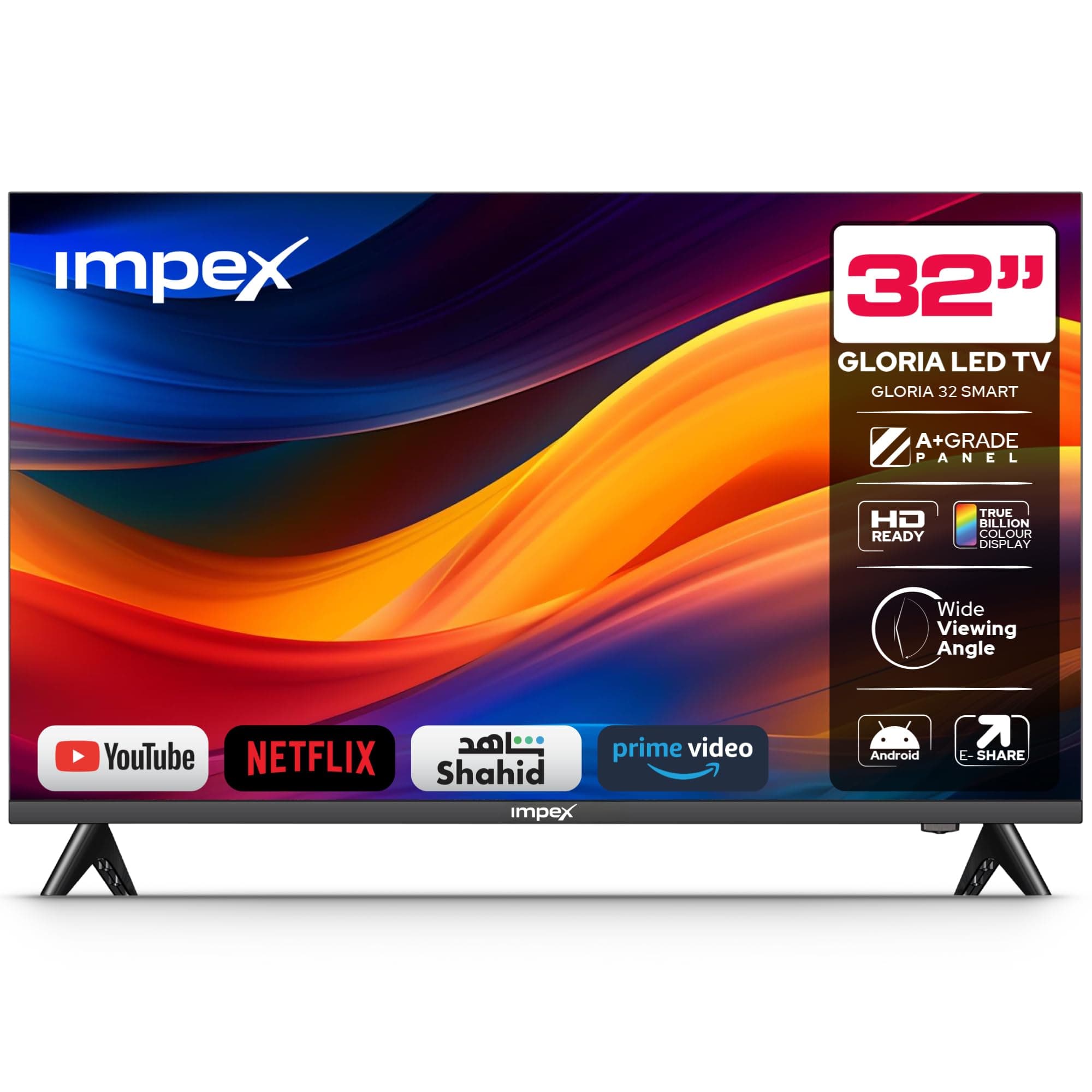 Impex 32 inch Smart Android HD LED TV, Frame Less Design,Mirror Cast And E-Share,HDMIUSB Wi-Fi Input,Netflix,YouTube, Disney+, Apple TV+, Starz Play Arabia,2 Years Warranty, Gloria 32 Smart
